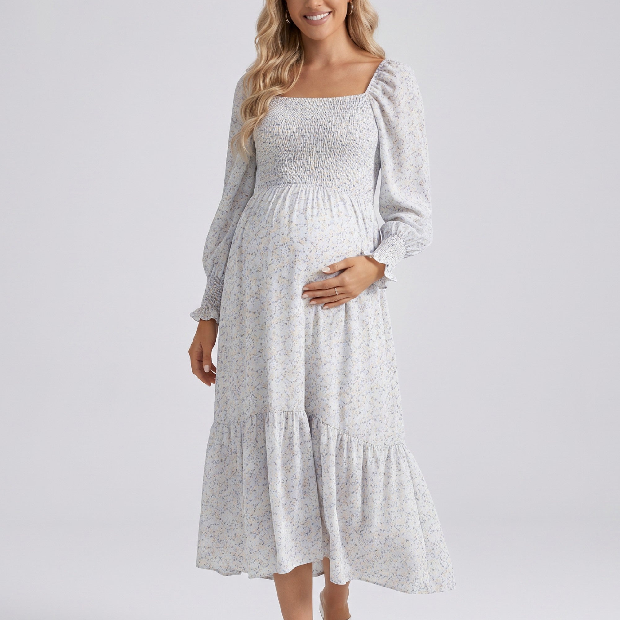 Anna-Kaci Women's Maternity Off Shoulder Floral Midi Dress with Smocked Bodice and Tiered Hem