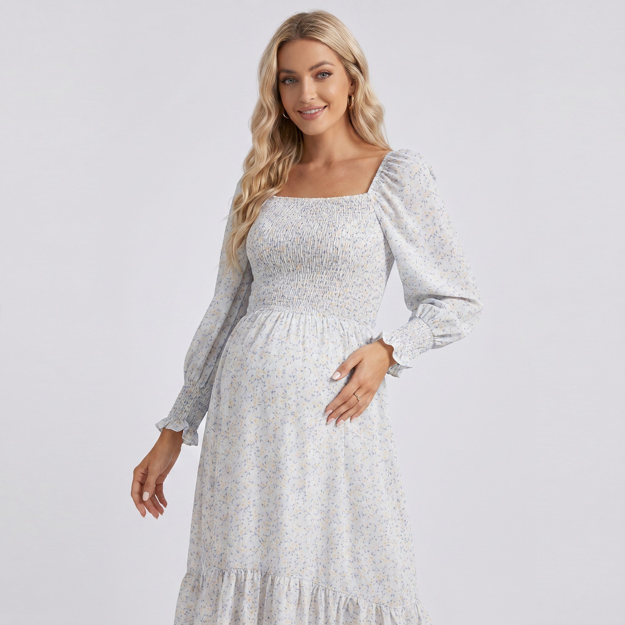 Anna-Kaci Women's Maternity Off Shoulder Floral Midi Dress with Smocked Bodice and Tiered Hem