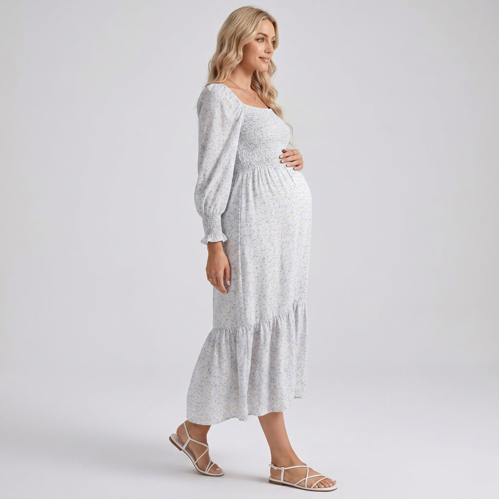 Anna-Kaci Women's Maternity Off Shoulder Floral Midi Dress with Smocked Bodice and Tiered Hem
