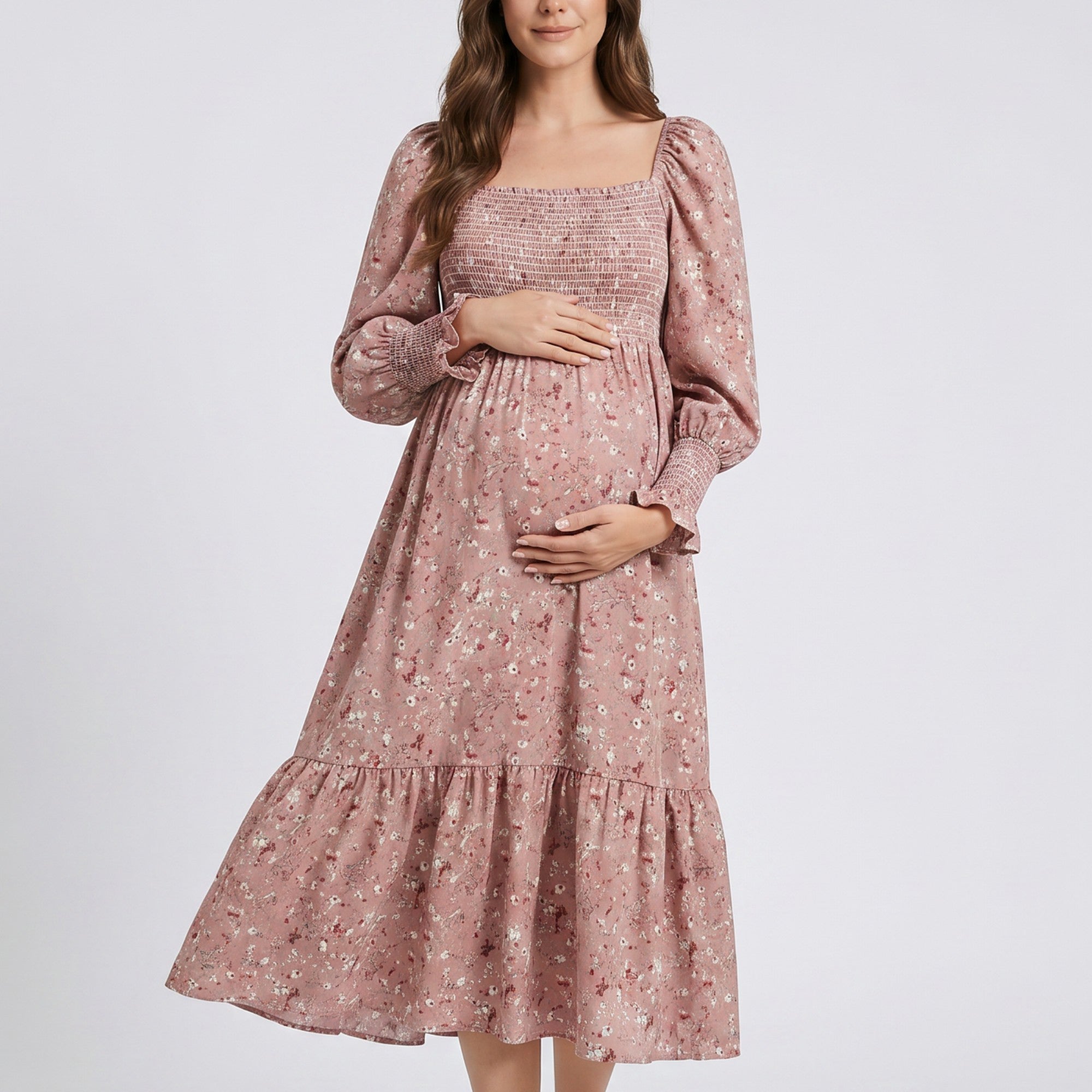 Anna-Kaci Women's Maternity Off Shoulder Floral Midi Dress with Smocked Bodice and Tiered Hem