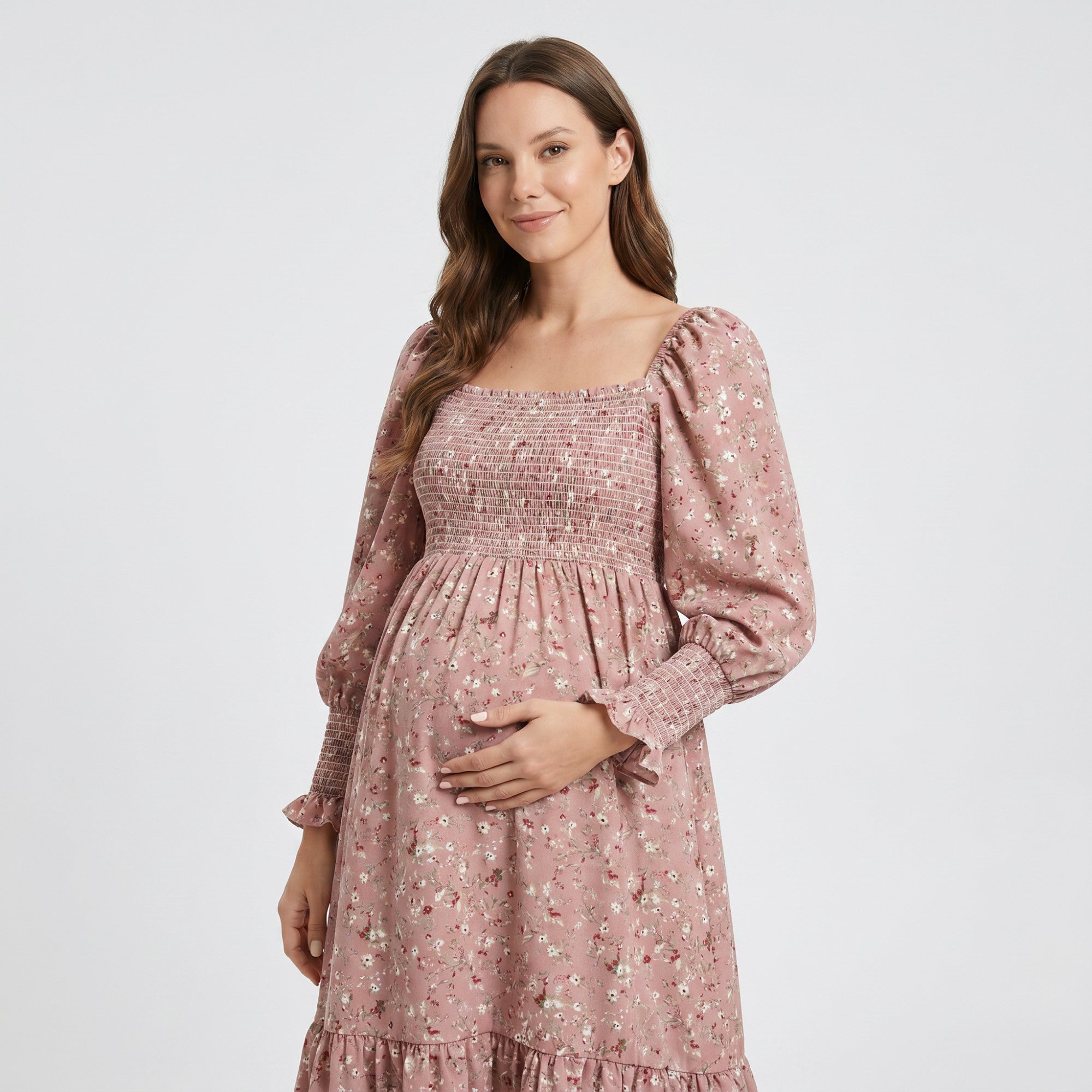 Anna-Kaci Women's Maternity Off Shoulder Floral Midi Dress with Smocked Bodice and Tiered Hem