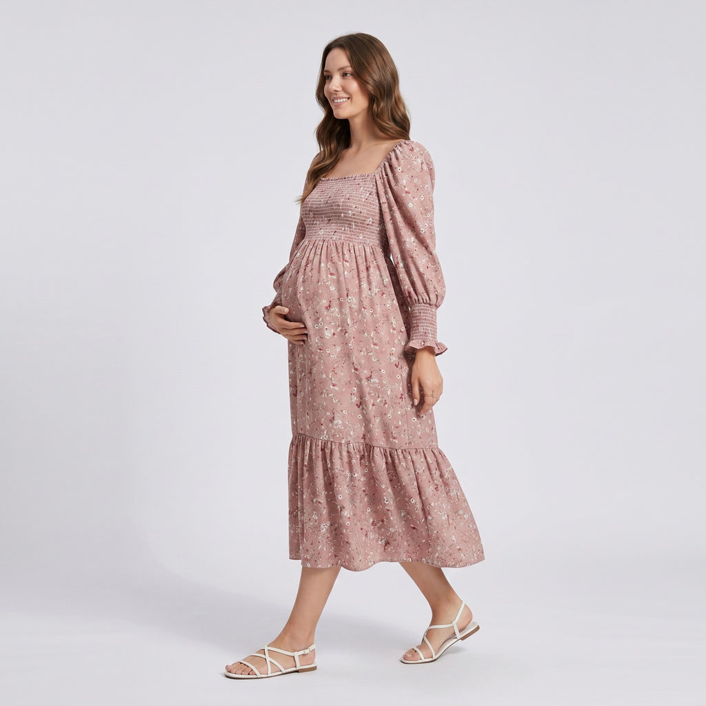 Anna-Kaci Women's Maternity Off Shoulder Floral Midi Dress with Smocked Bodice and Tiered Hem