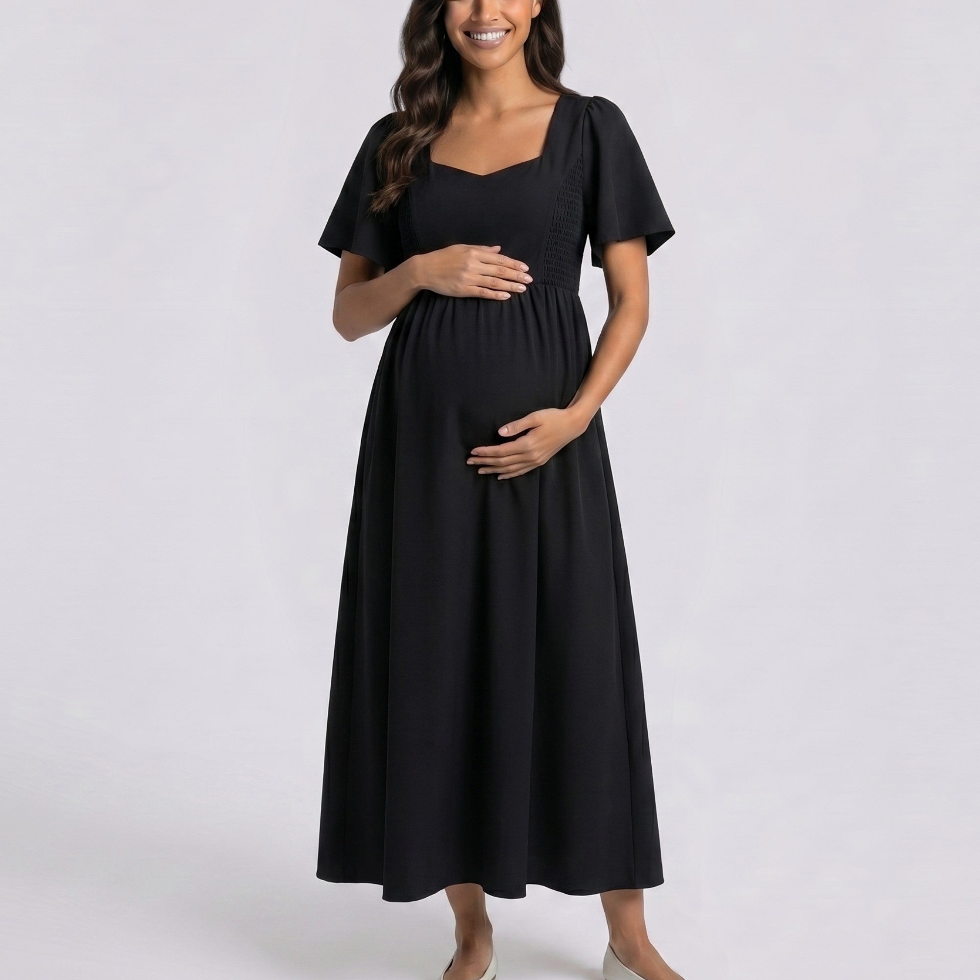 Anna-Kaci Women's Maternity V Neck Midi Dress with Flutter Sleeves and Smocked Empire Waist