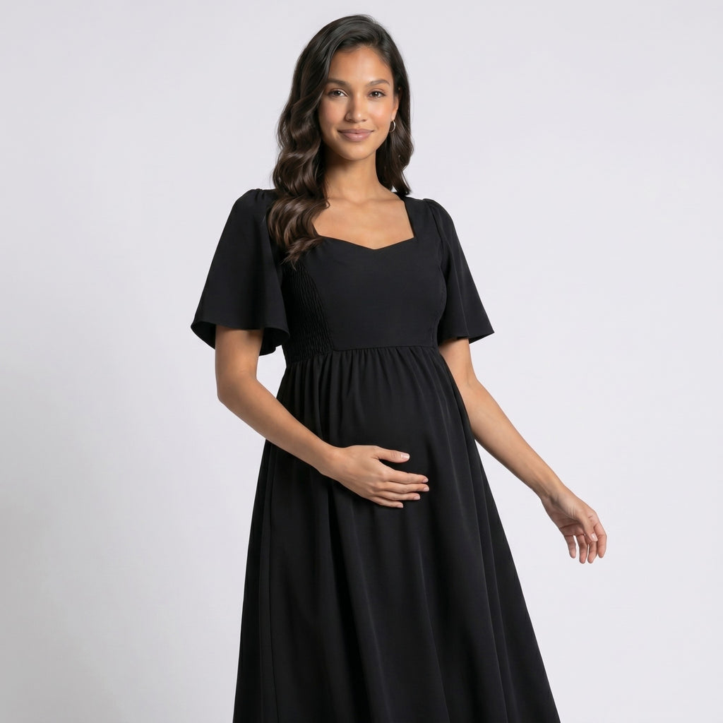 Anna-Kaci Women's Maternity V Neck Midi Dress with Flutter Sleeves and Smocked Empire Waist
