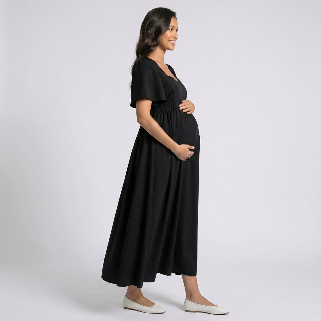 Anna-Kaci Women's Maternity V Neck Midi Dress with Flutter Sleeves and Smocked Empire Waist