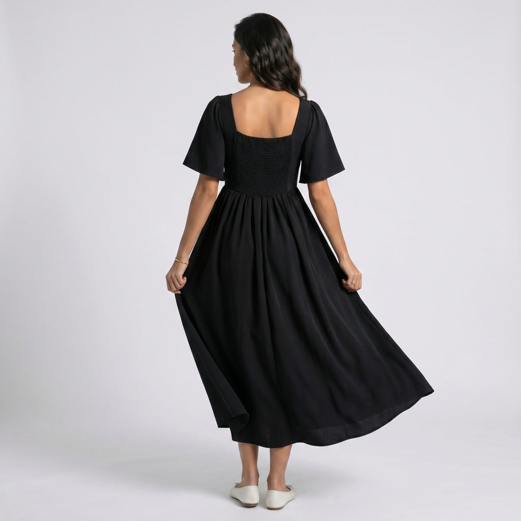Anna-Kaci Women's Maternity V Neck Midi Dress with Flutter Sleeves and Smocked Empire Waist