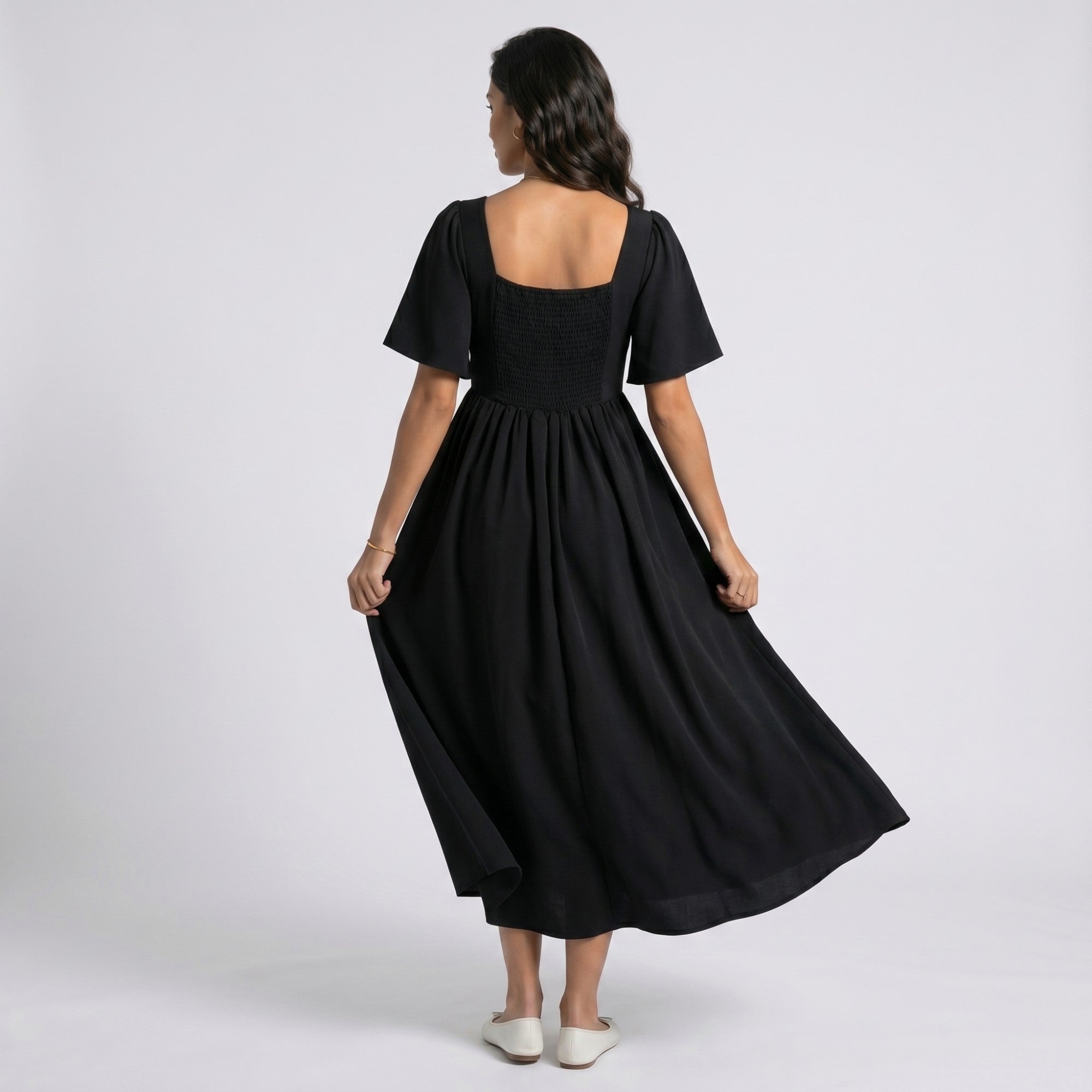 Anna-Kaci Women's Maternity V Neck Midi Dress with Flutter Sleeves and Smocked Empire Waist