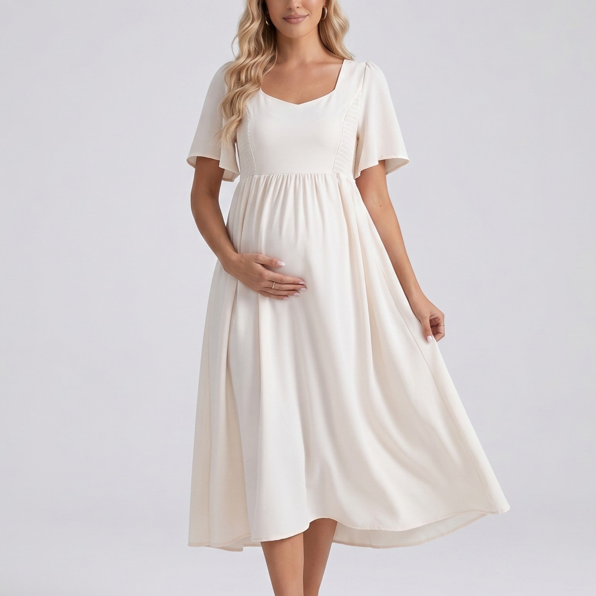 Anna-Kaci Women's Maternity V Neck Midi Dress with Flutter Sleeves and Smocked Empire Waist