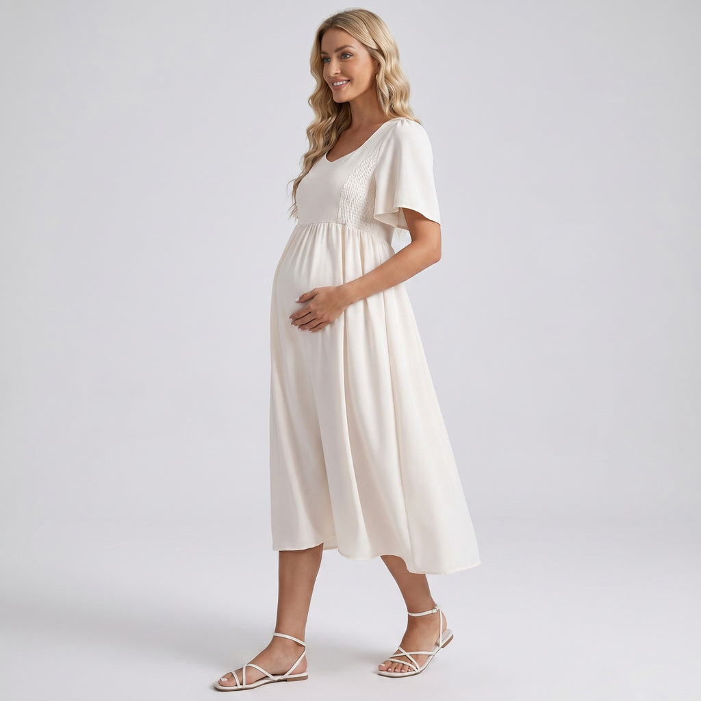 Anna-Kaci Women's Maternity V Neck Midi Dress with Flutter Sleeves and Smocked Empire Waist