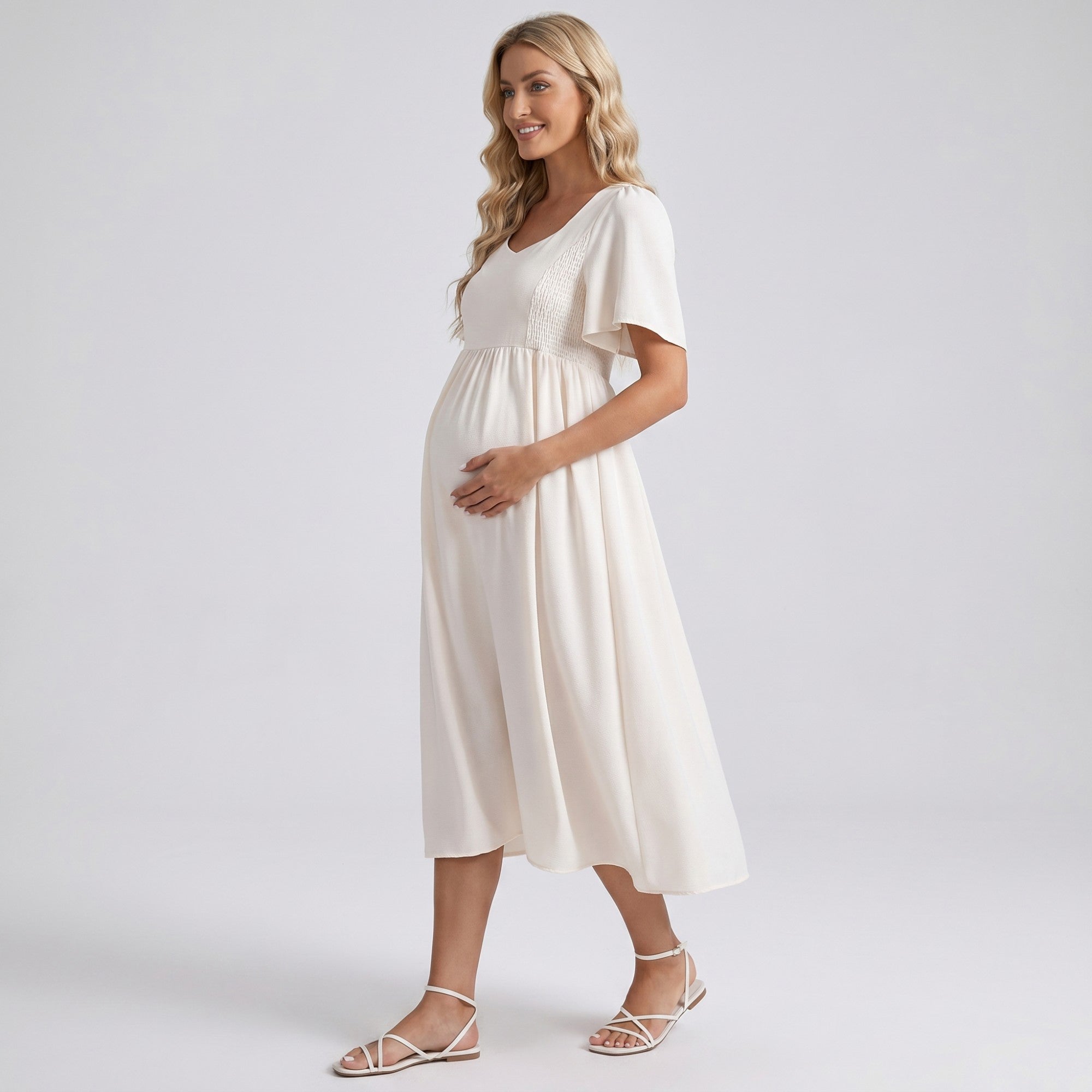 Anna-Kaci Women's Maternity V Neck Midi Dress with Flutter Sleeves and Smocked Empire Waist