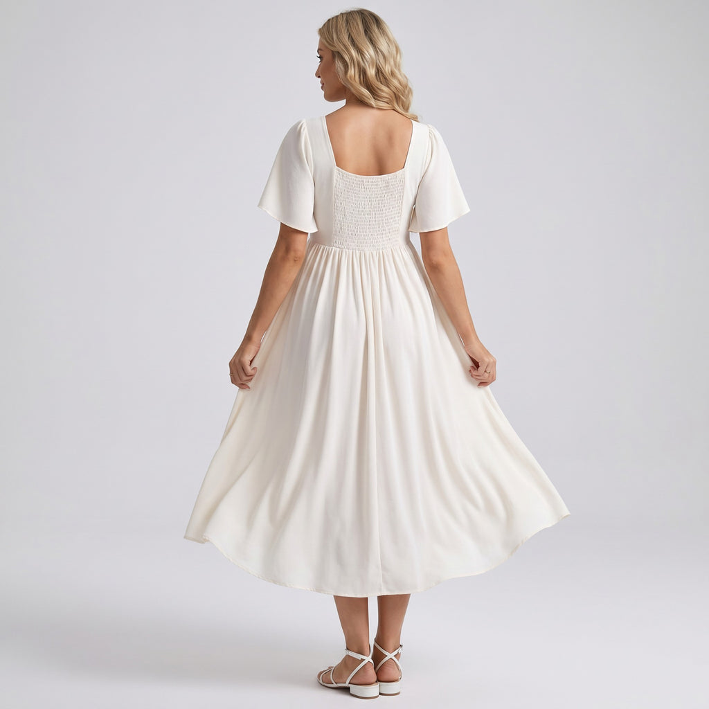Anna-Kaci Women's Maternity V Neck Midi Dress with Flutter Sleeves and Smocked Empire Waist
