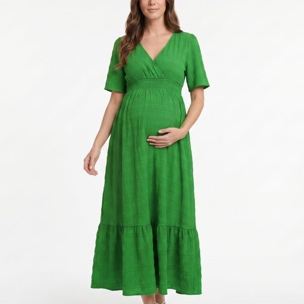 Anna-Kaci Women's Maternity V Neck Textured Midi Dress with Short Sleeves and Tiered Hem