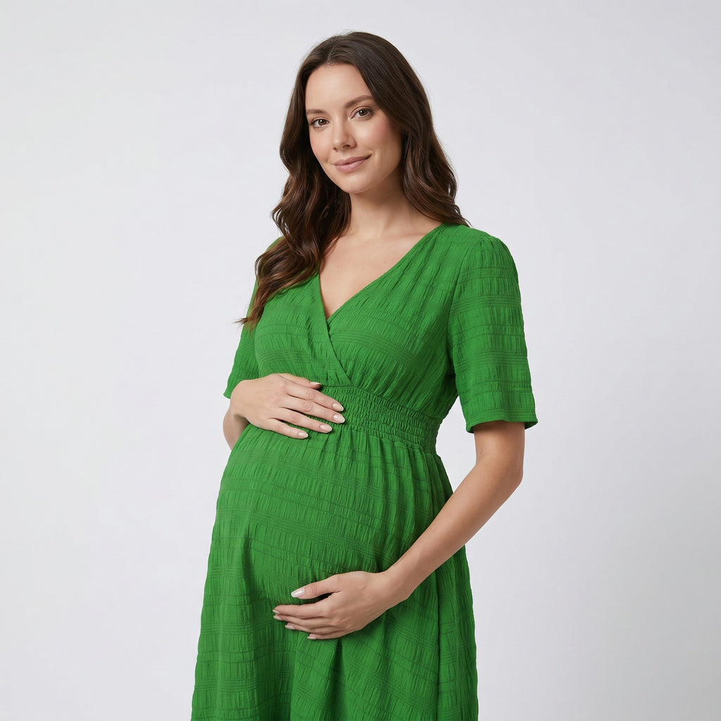 Anna-Kaci Women's Maternity V Neck Textured Midi Dress with Short Sleeves and Tiered Hem