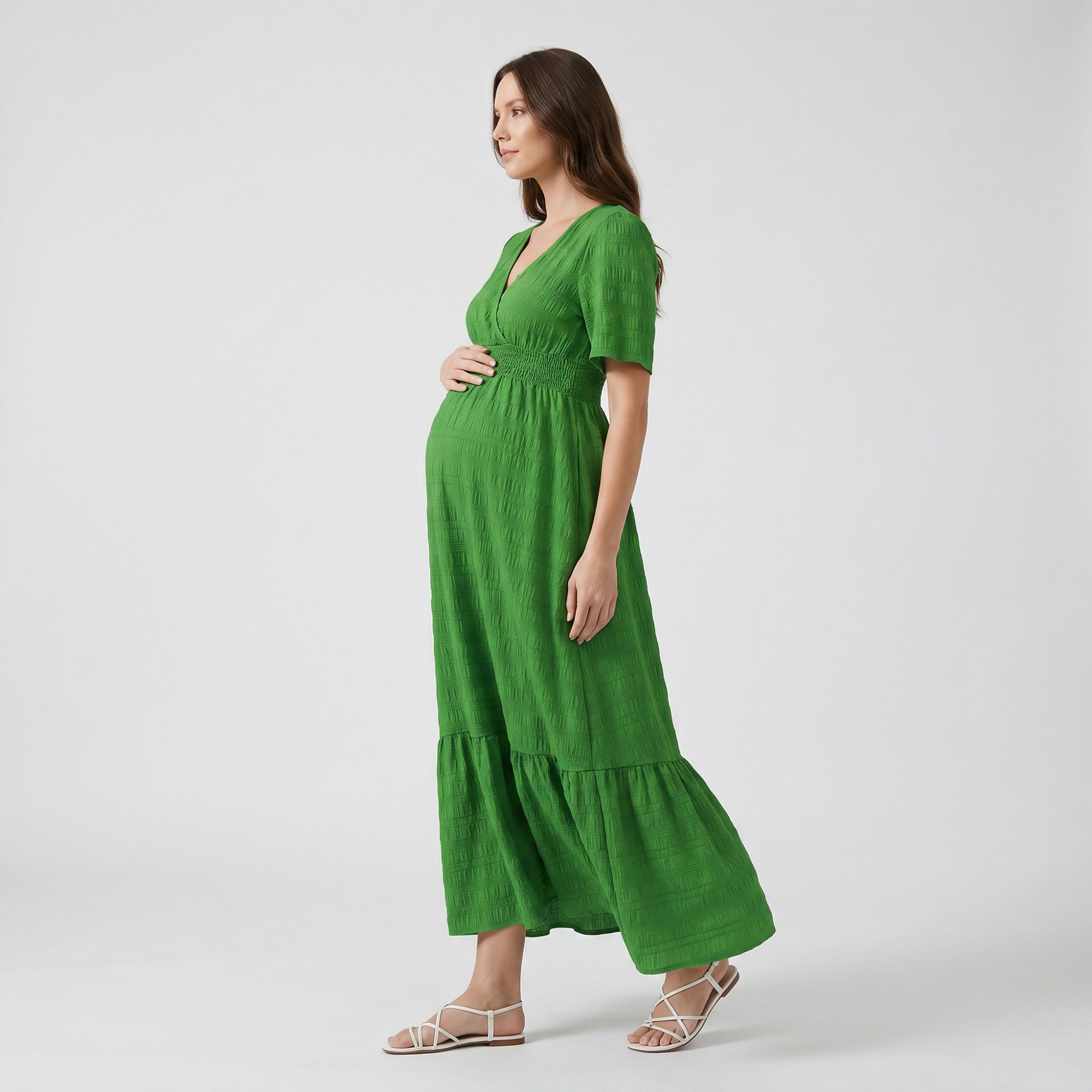 Anna-Kaci Women's Maternity V Neck Textured Midi Dress with Short Sleeves and Tiered Hem