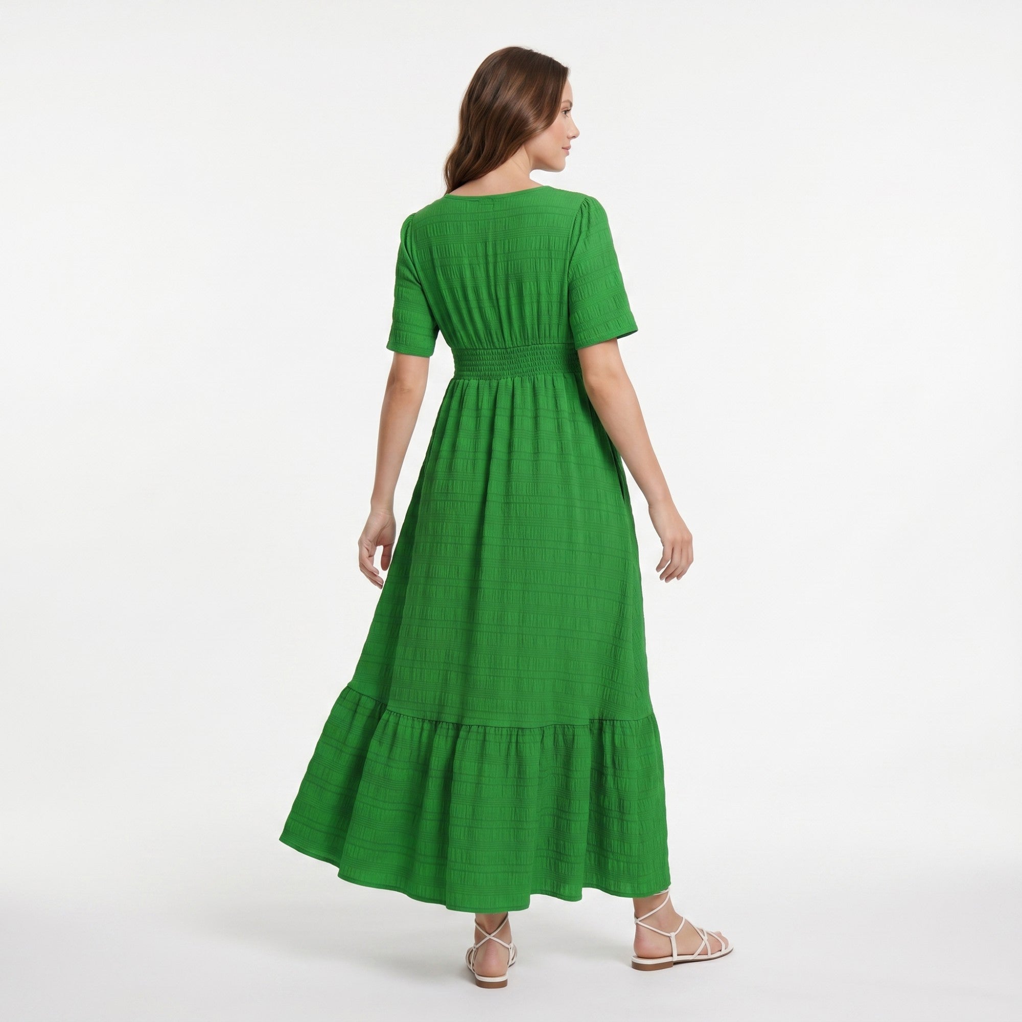 Anna-Kaci Women's Maternity V Neck Textured Midi Dress with Short Sleeves and Tiered Hem