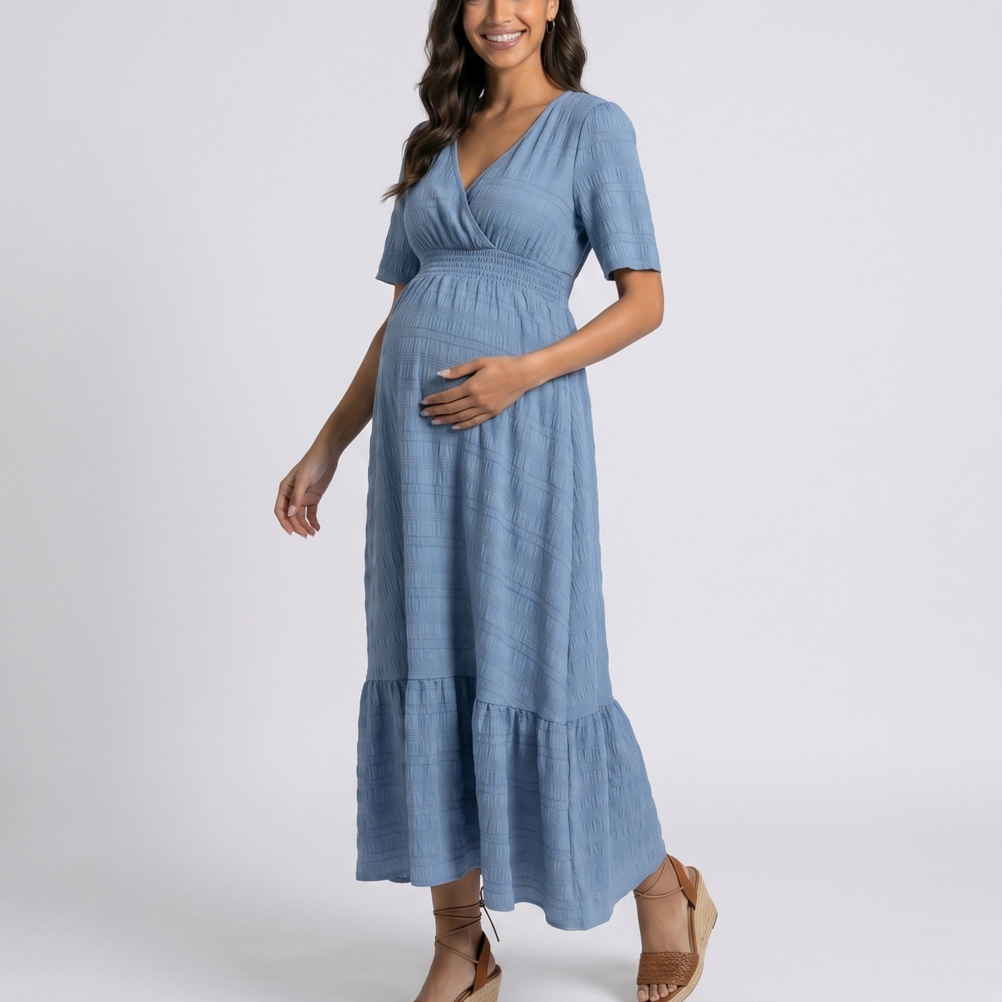 Anna-Kaci Women's Maternity V Neck Textured Midi Dress with Short Sleeves and Tiered Hem