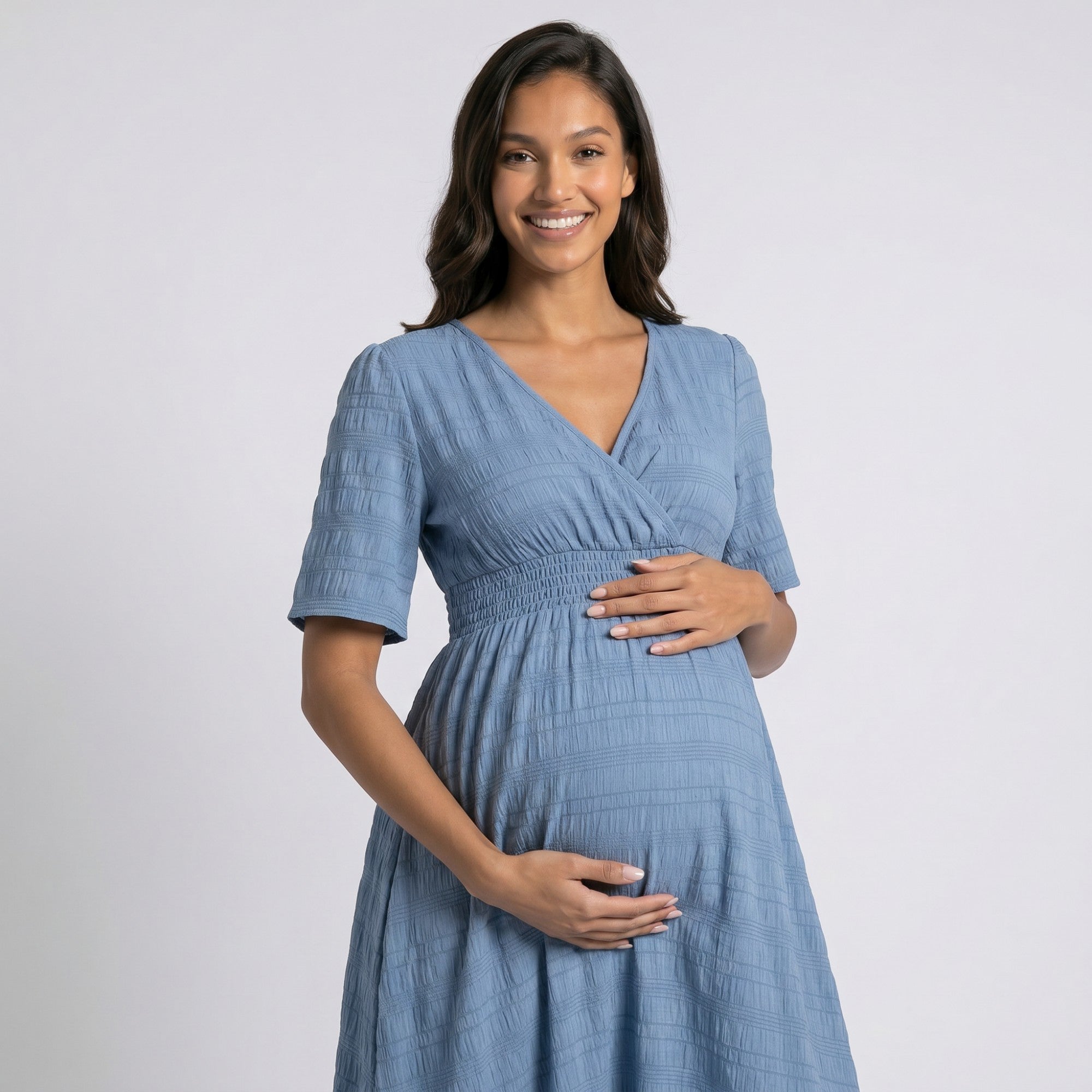 Anna-Kaci Women's Maternity V Neck Textured Midi Dress with Short Sleeves and Tiered Hem