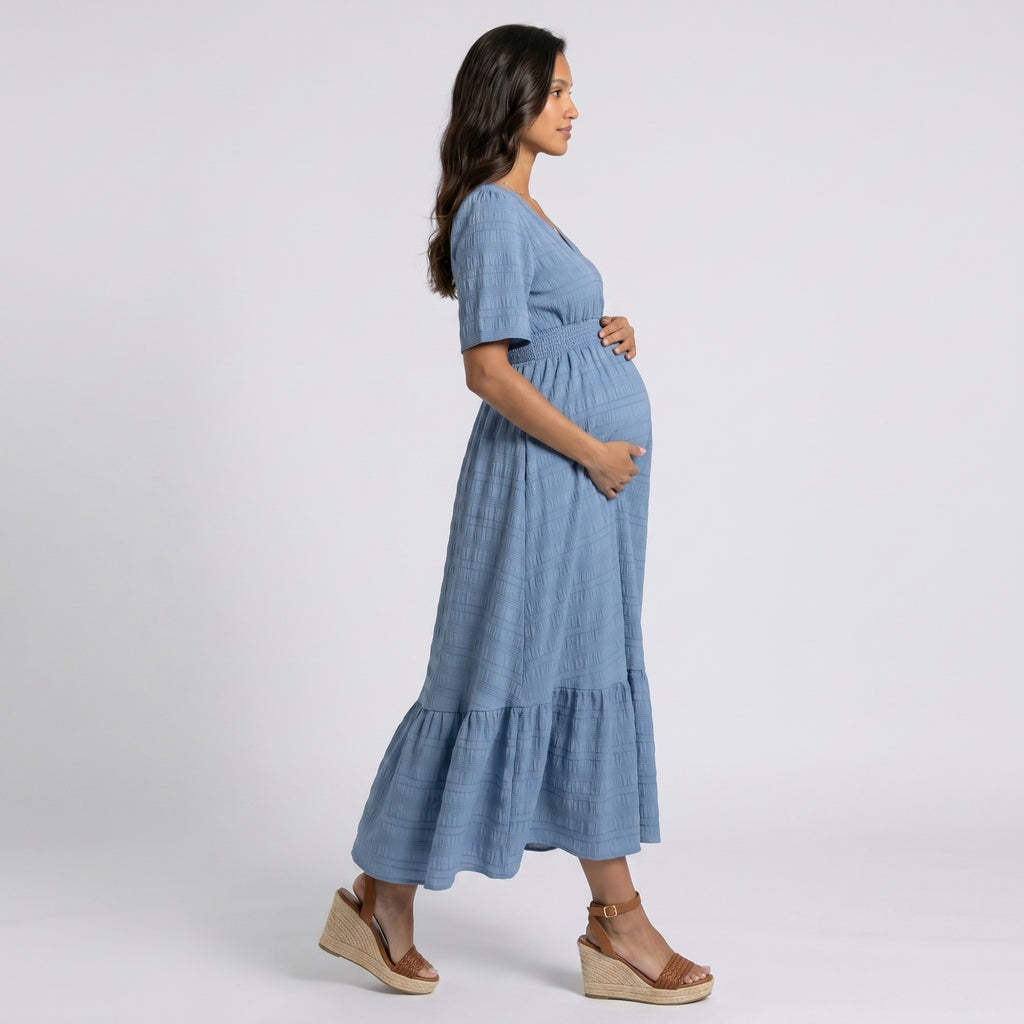 Anna-Kaci Women's Maternity V Neck Textured Midi Dress with Short Sleeves and Tiered Hem