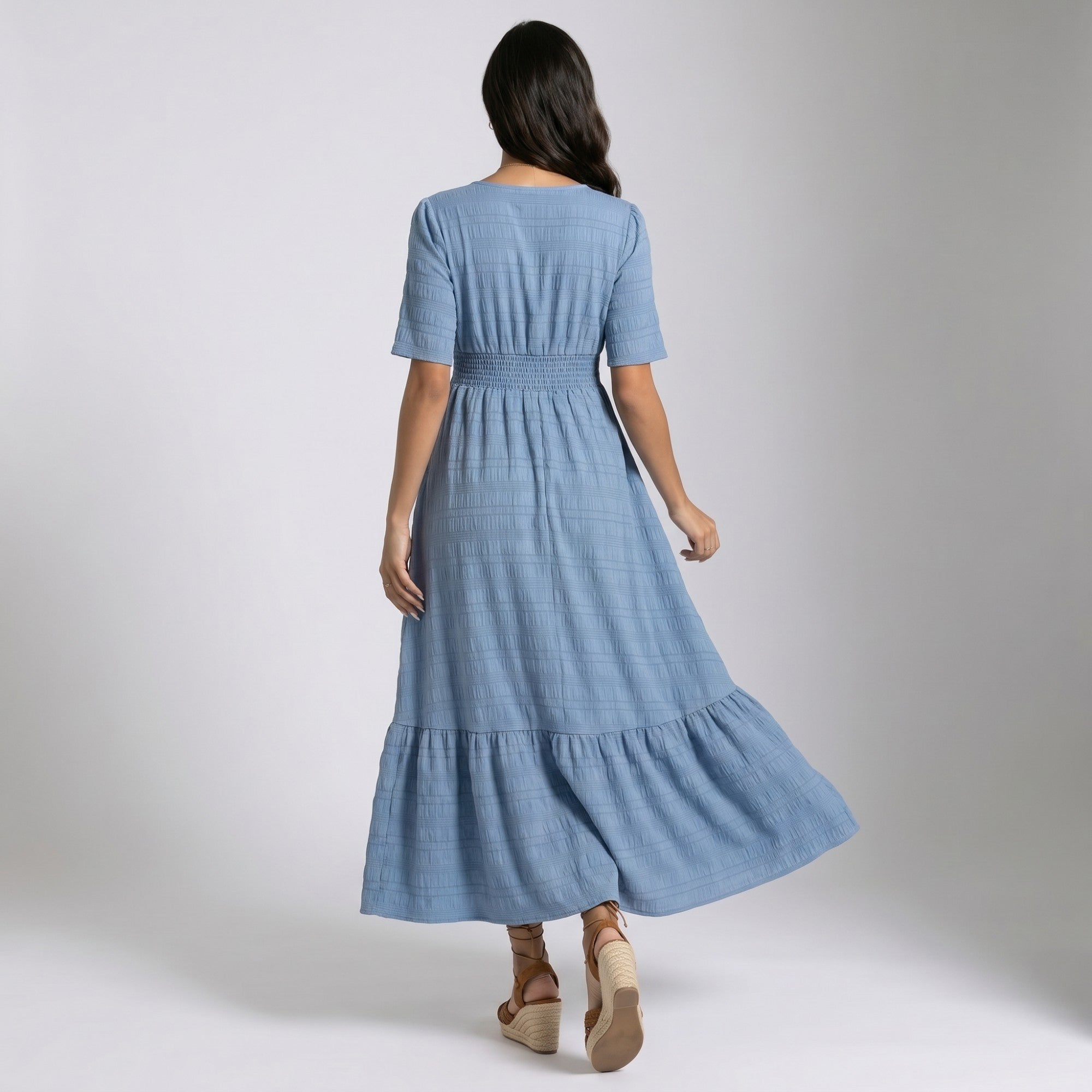 Anna-Kaci Women's Maternity V Neck Textured Midi Dress with Short Sleeves and Tiered Hem
