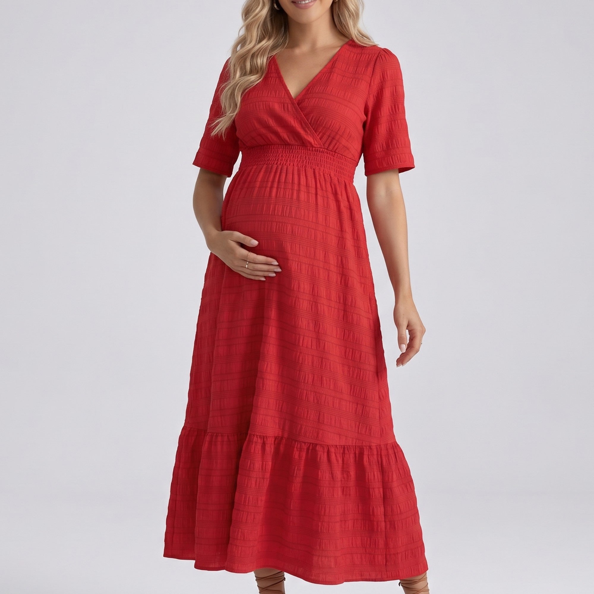 Anna-Kaci Women's Maternity V Neck Textured Midi Dress with Short Sleeves and Tiered Hem