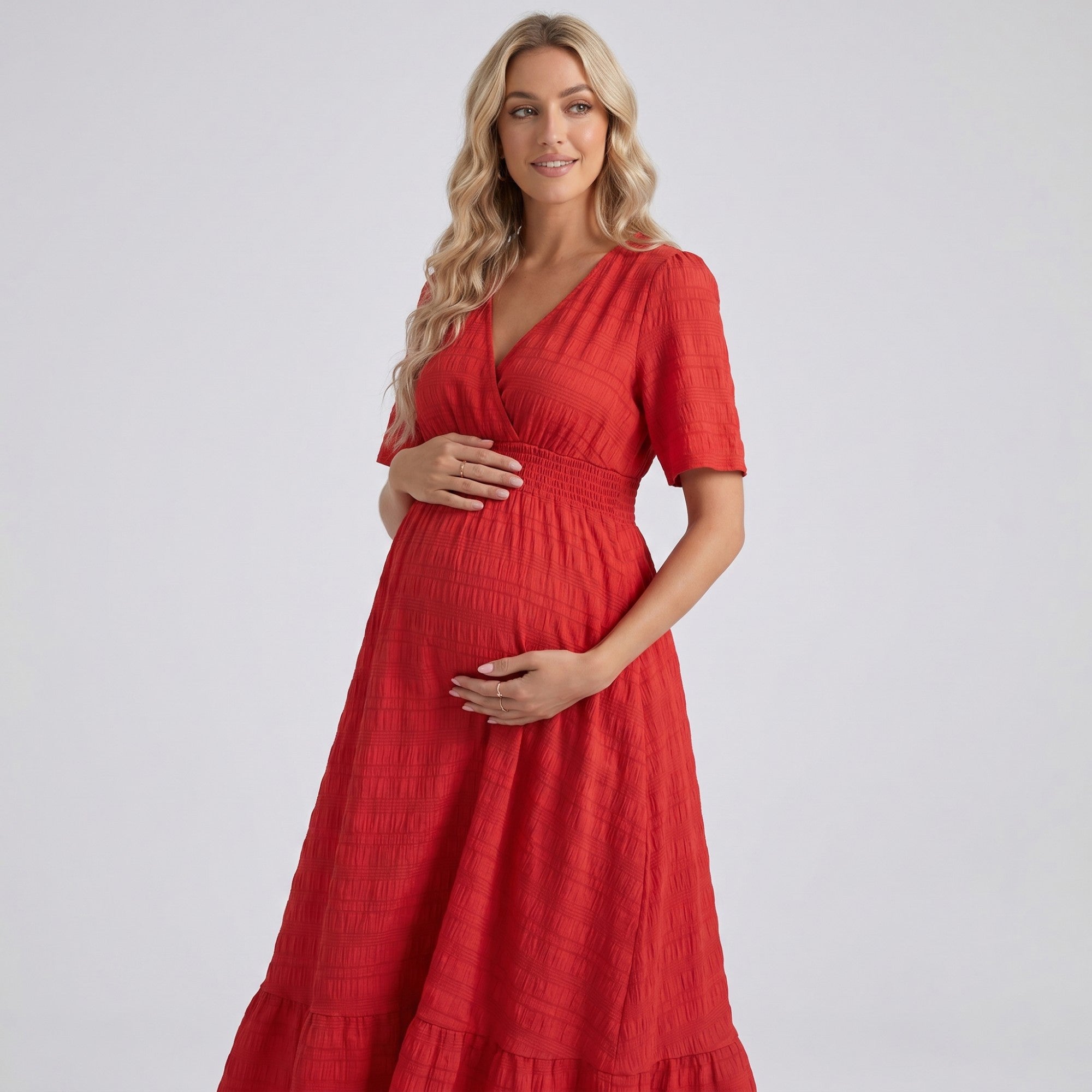 Anna-Kaci Women's Maternity V Neck Textured Midi Dress with Short Sleeves and Tiered Hem