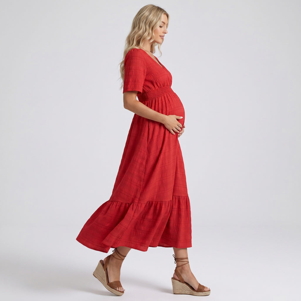 Anna-Kaci Women's Maternity V Neck Textured Midi Dress with Short Sleeves and Tiered Hem