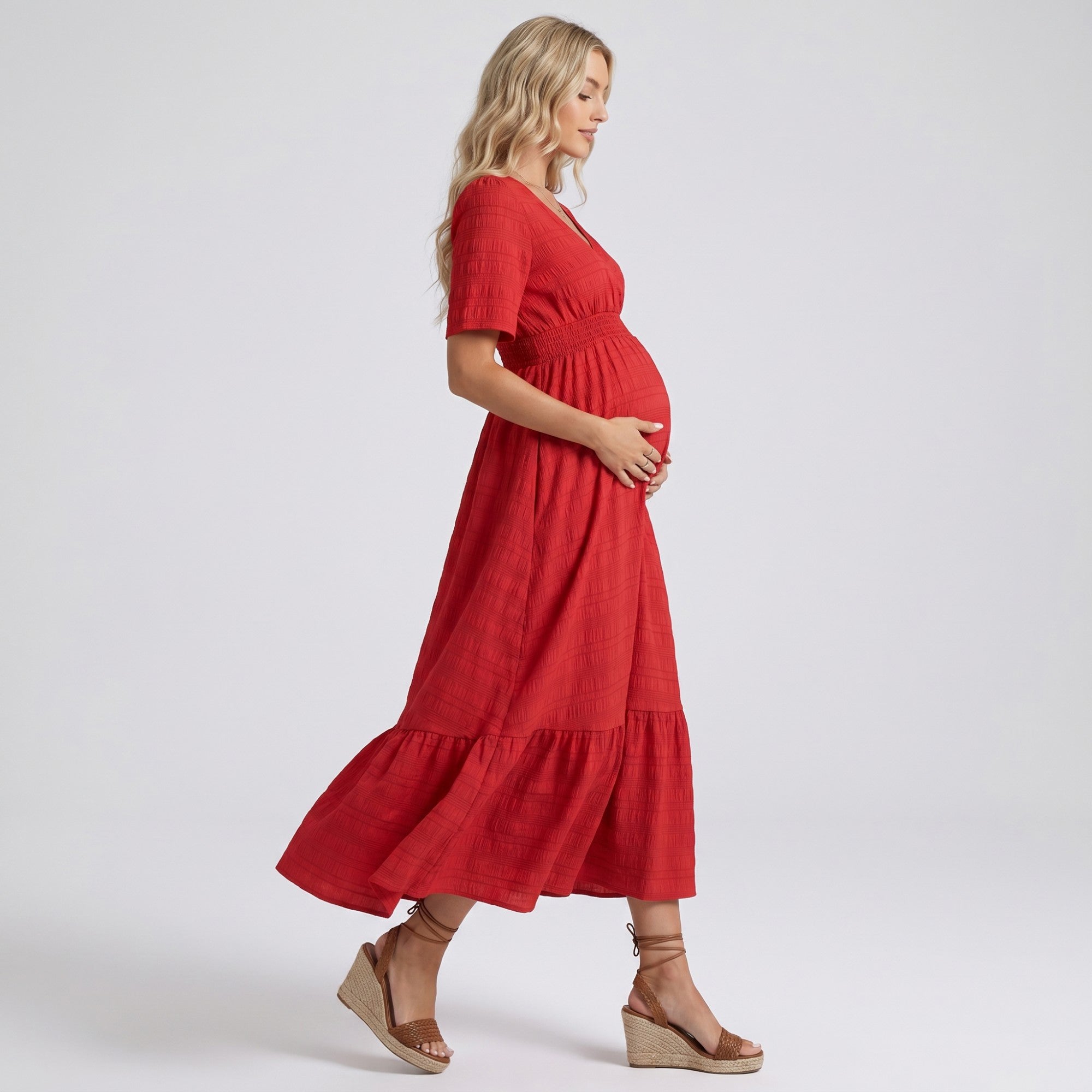 Anna-Kaci Women's Maternity V Neck Textured Midi Dress with Short Sleeves and Tiered Hem