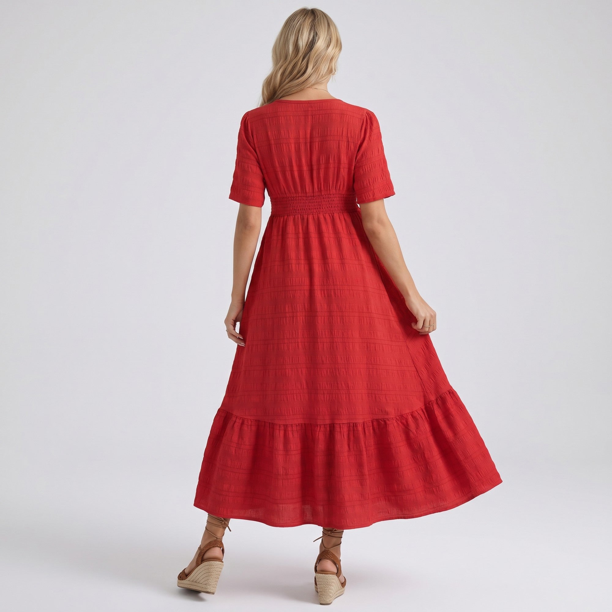Anna-Kaci Women's Maternity V Neck Textured Midi Dress with Short Sleeves and Tiered Hem