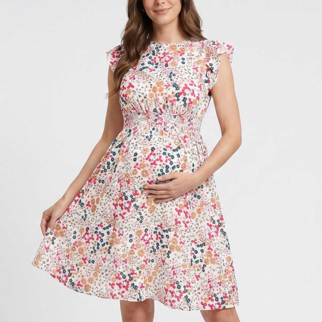 Anna-Kaci Women's Floral Maternity Dress with Flutter Sleeves and Empire Waist