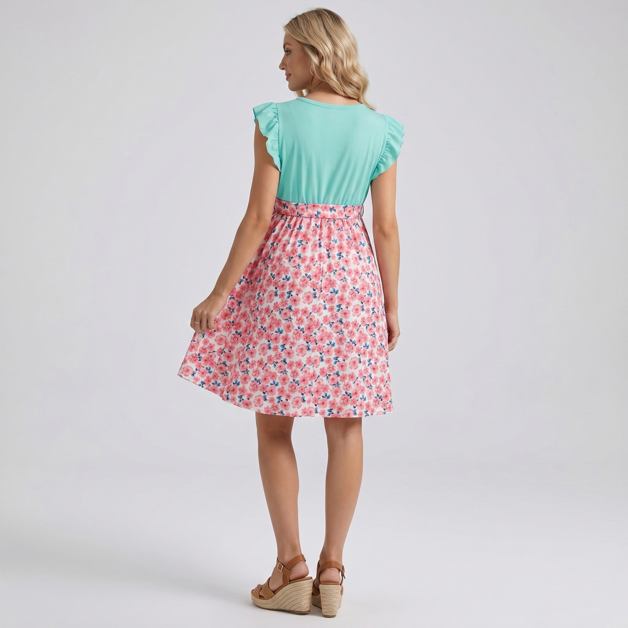Anna-Kaci Women's Flutter Sleeve Maternity Dress with Floral Skirt and Tie Waist