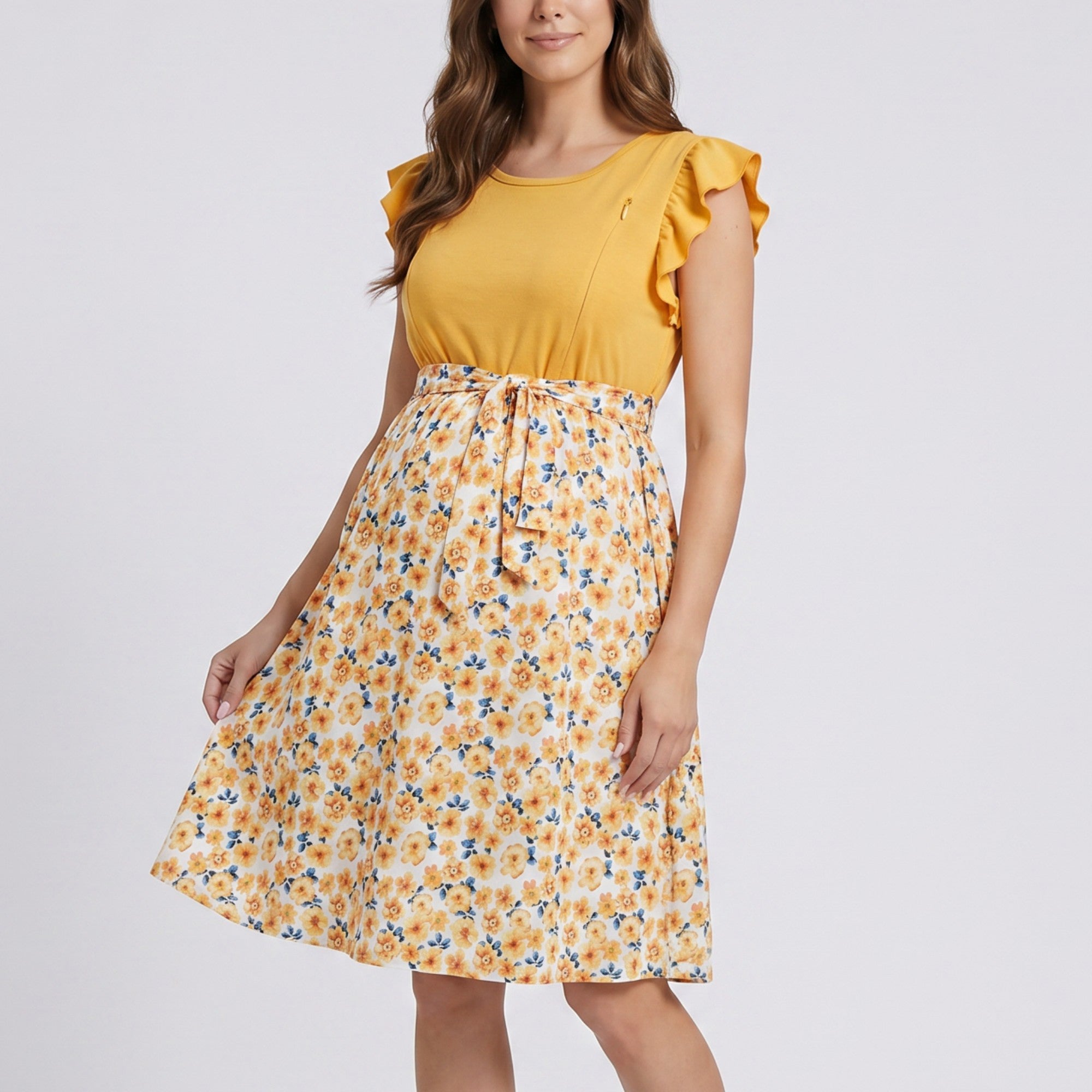 Anna-Kaci Women's Flutter Sleeve Maternity Dress with Floral Skirt and Tie Waist