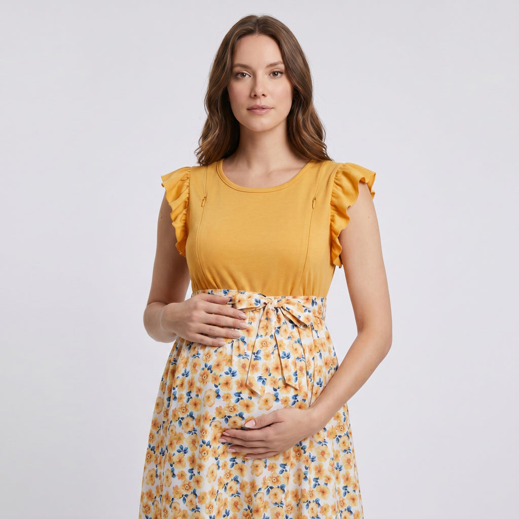 Anna-Kaci Women's Flutter Sleeve Maternity Dress with Floral Skirt and Tie Waist
