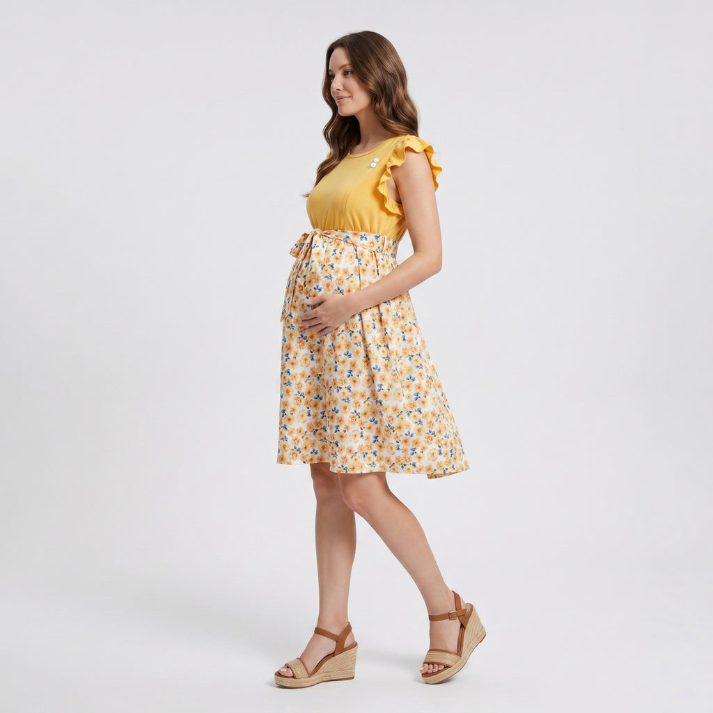 Anna-Kaci Women's Flutter Sleeve Maternity Dress with Floral Skirt and Tie Waist