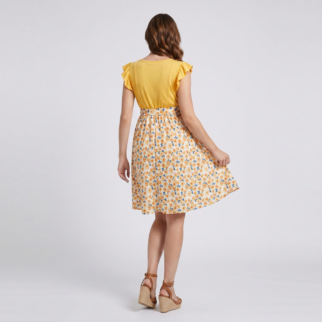 Anna-Kaci Women's Flutter Sleeve Maternity Dress with Floral Skirt and Tie Waist