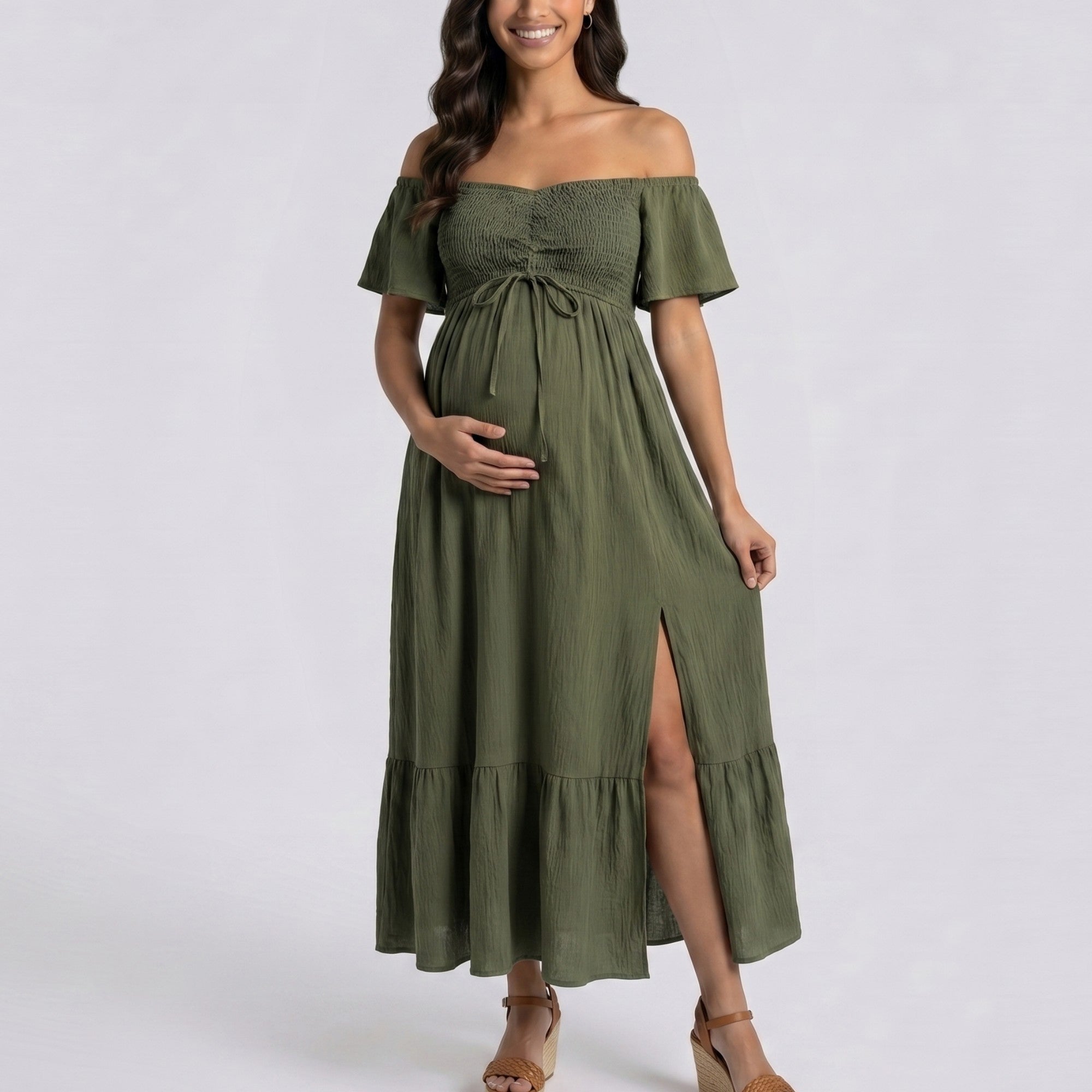 Anna-Kaci Women's Off Shoulder Maternity Maxi Dress with Smocked Bodice and Front Slit