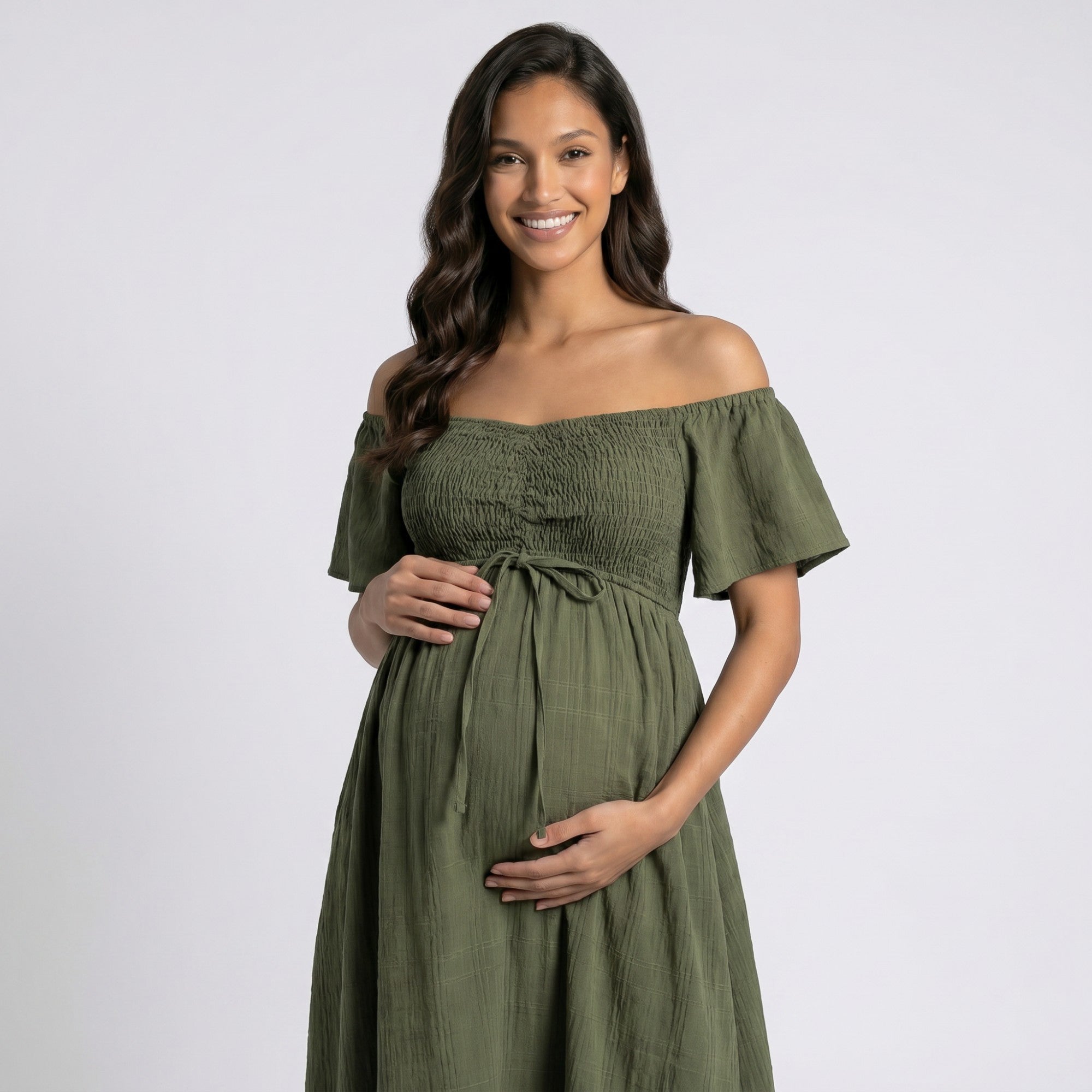 Anna-Kaci Women's Off Shoulder Maternity Maxi Dress with Smocked Bodice and Front Slit
