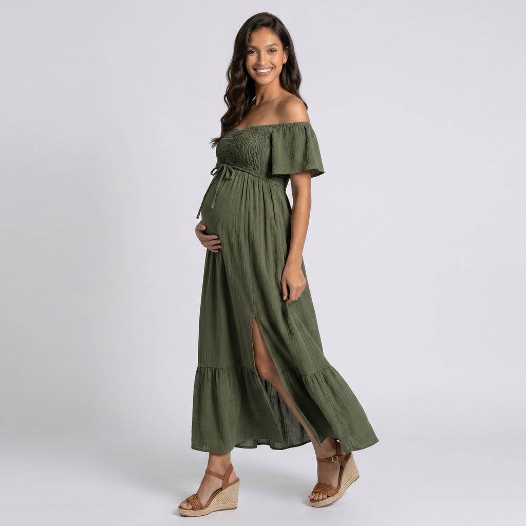 Anna-Kaci Women's Off Shoulder Maternity Maxi Dress with Smocked Bodice and Front Slit