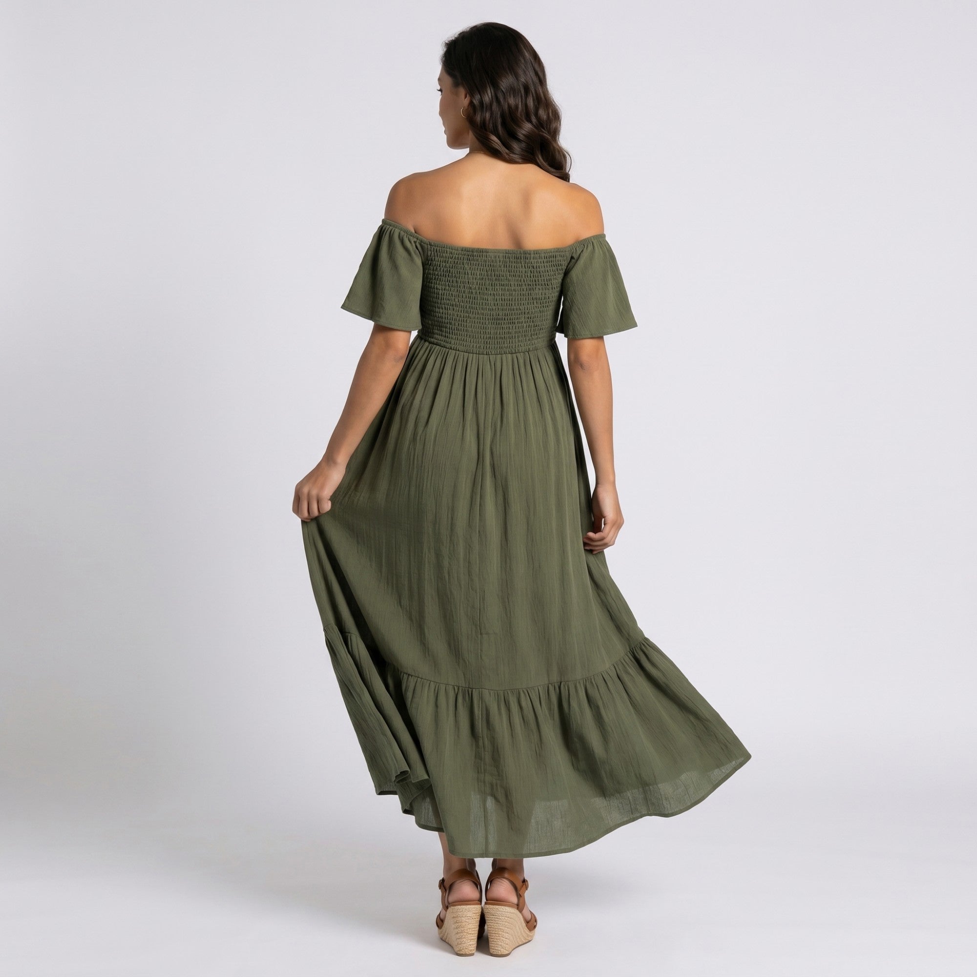 Anna-Kaci Women's Off Shoulder Maternity Maxi Dress with Smocked Bodice and Front Slit