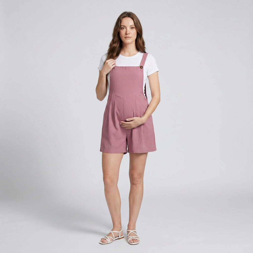 Anna-Kaci Women's Maternity Overall Romper with Pleated Front and Button Strap Details
