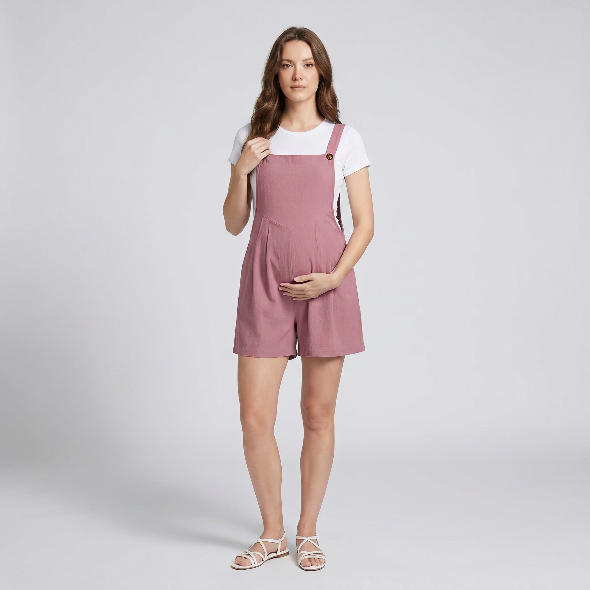Anna-Kaci Women's Maternity Overall Romper with Pleated Front and Button Strap Details