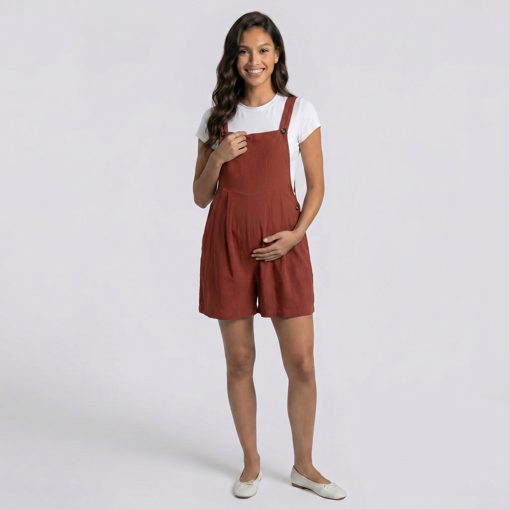 Anna-Kaci Women's Maternity Overall Romper with Pleated Front and Button Strap Details