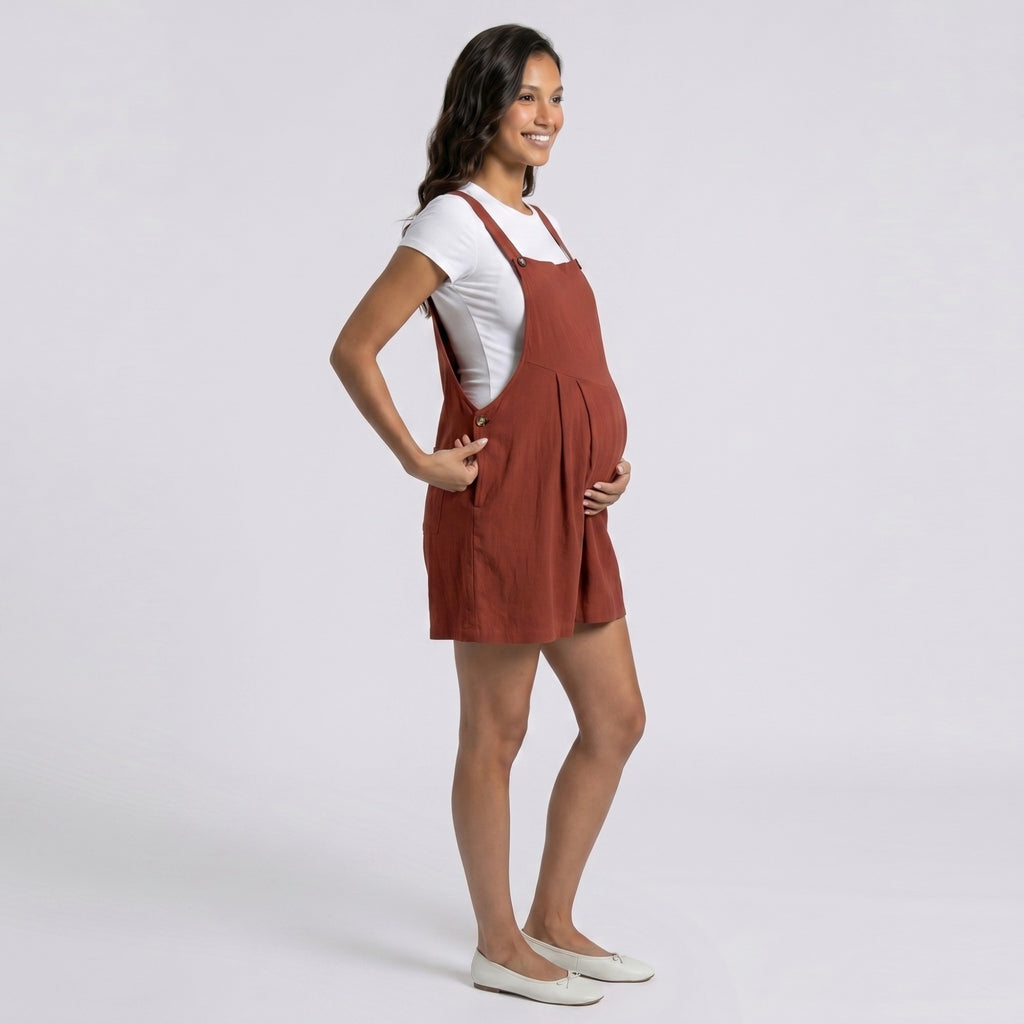Anna-Kaci Women's Maternity Overall Romper with Pleated Front and Button Strap Details