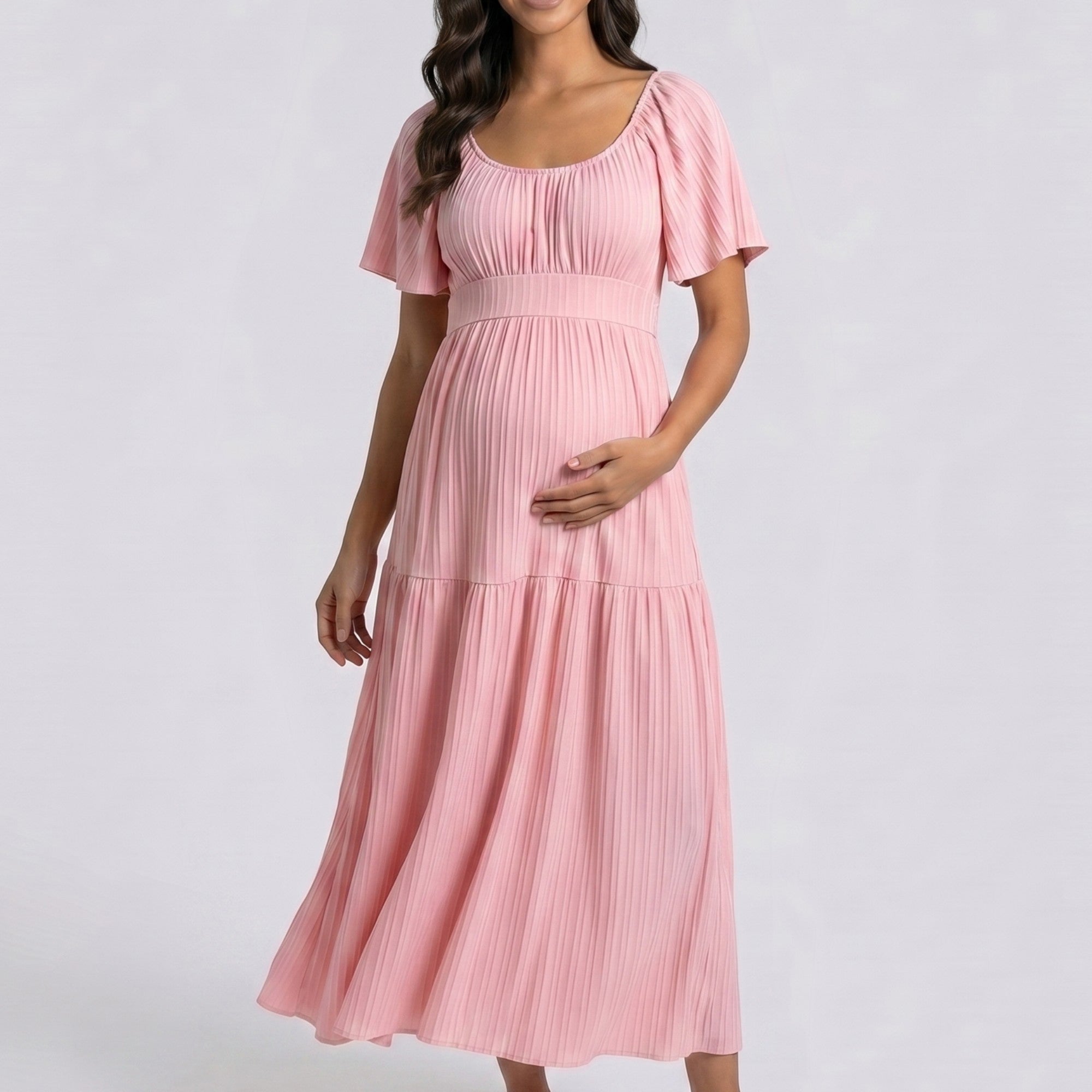 Anna-Kaci Women's Pleated Maternity Maxi Dress with Flutter Sleeves and Tiered Skirt