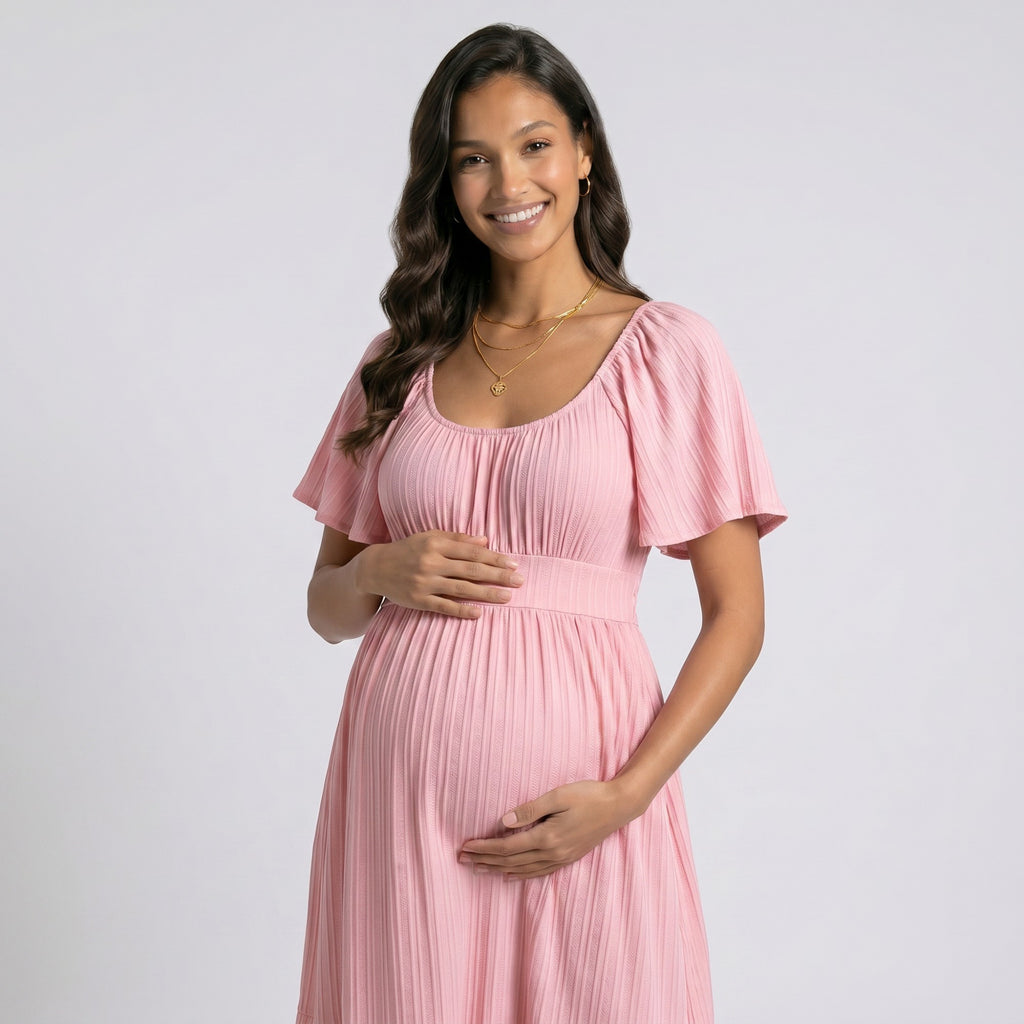 Anna-Kaci Women's Pleated Maternity Maxi Dress with Flutter Sleeves and Tiered Skirt