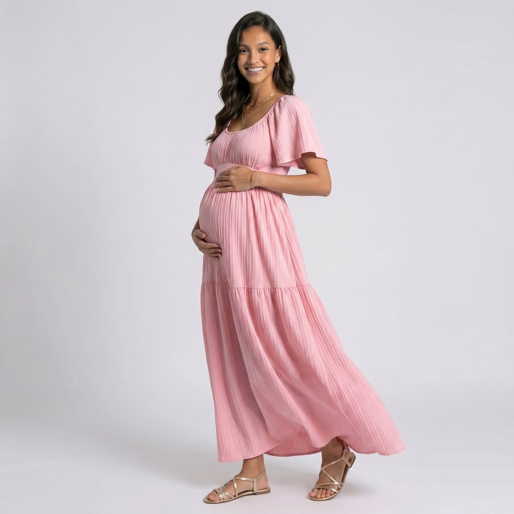 Anna-Kaci Women's Pleated Maternity Maxi Dress with Flutter Sleeves and Tiered Skirt