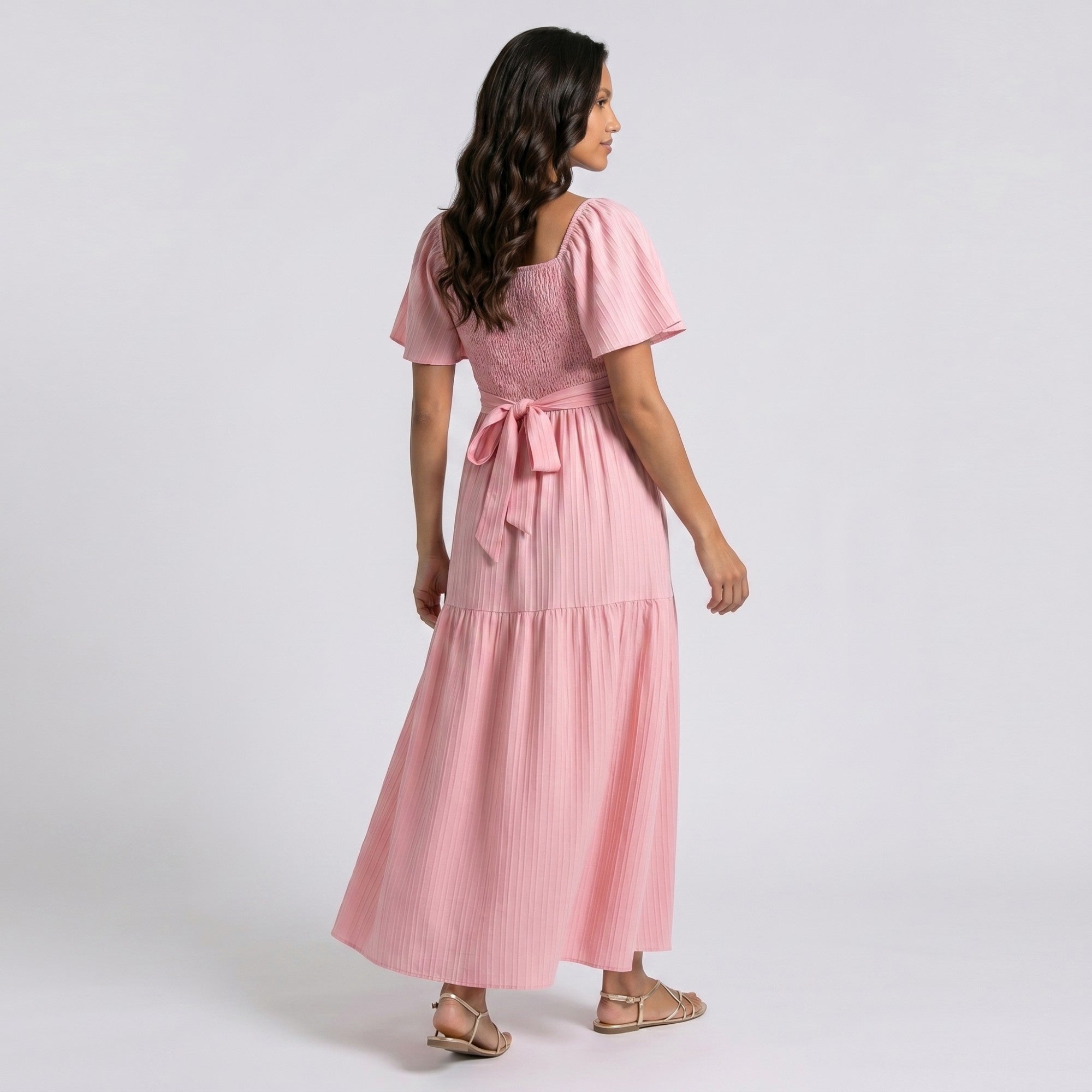 Anna-Kaci Women's Pleated Maternity Maxi Dress with Flutter Sleeves and Tiered Skirt