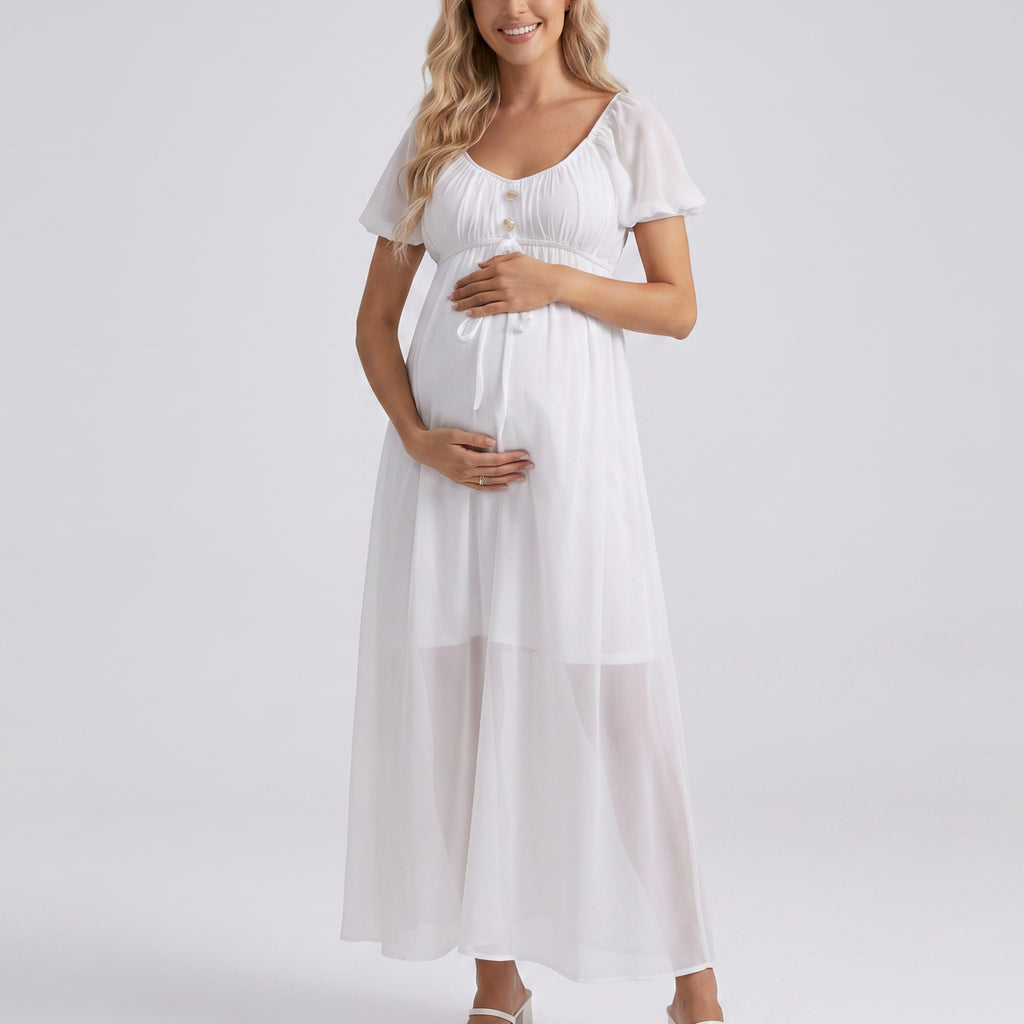 Anna-Kaci Women's Puff Sleeve Maternity Maxi Dress with Button Front and Tie Detail