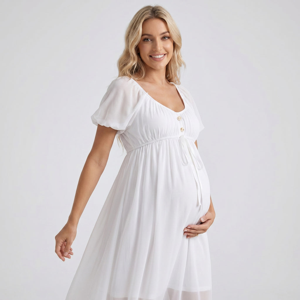 Anna-Kaci Women's Puff Sleeve Maternity Maxi Dress with Button Front and Tie Detail