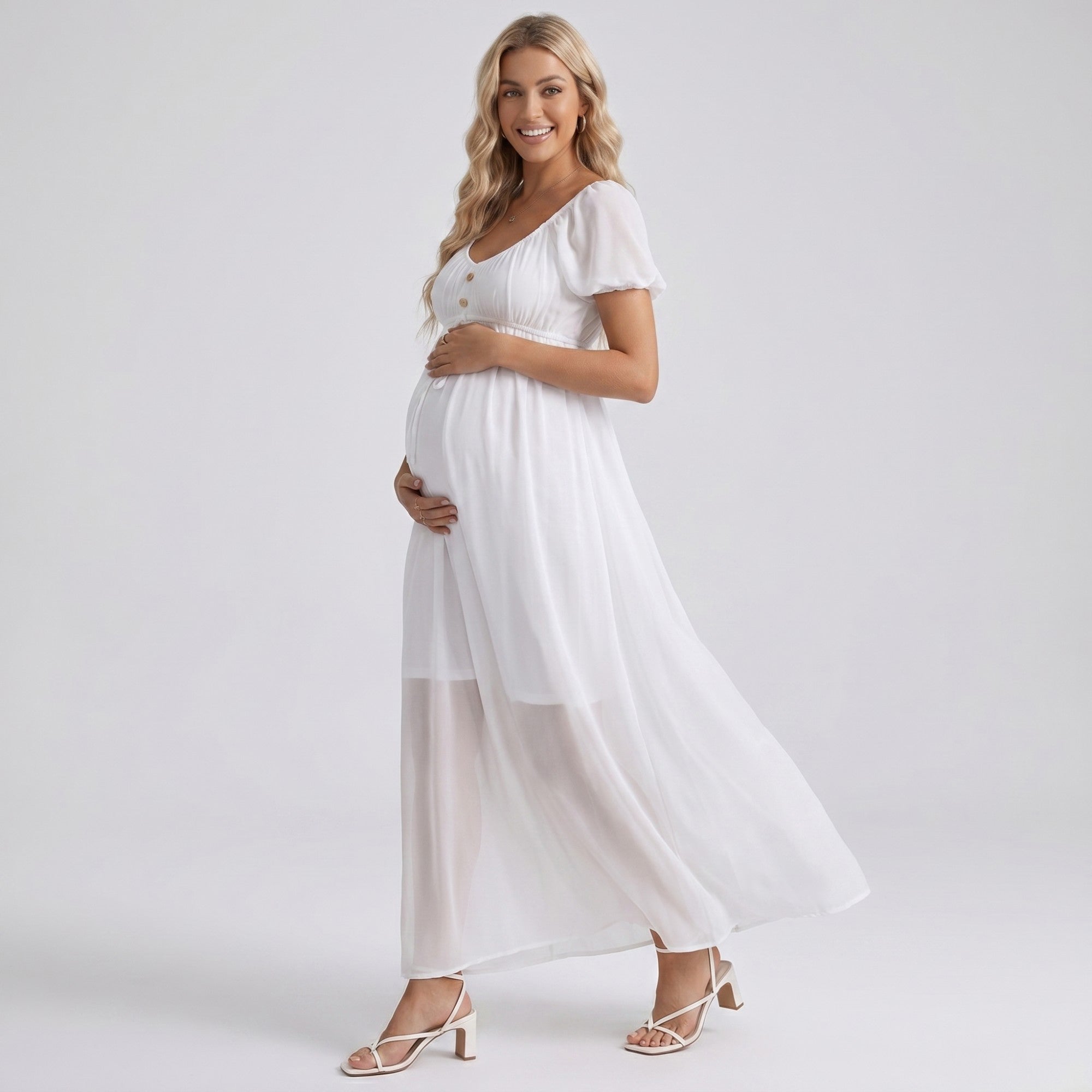 Anna-Kaci Women's Puff Sleeve Maternity Maxi Dress with Button Front and Tie Detail
