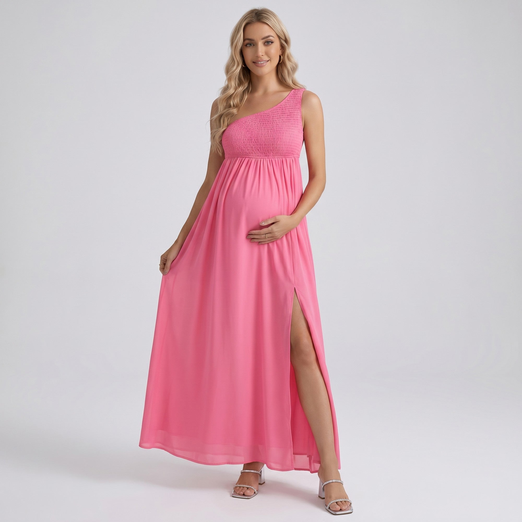 Anna-Kaci Women's One Shoulder Maternity Maxi Dress with Smocked Bodice and Flowing Skirt